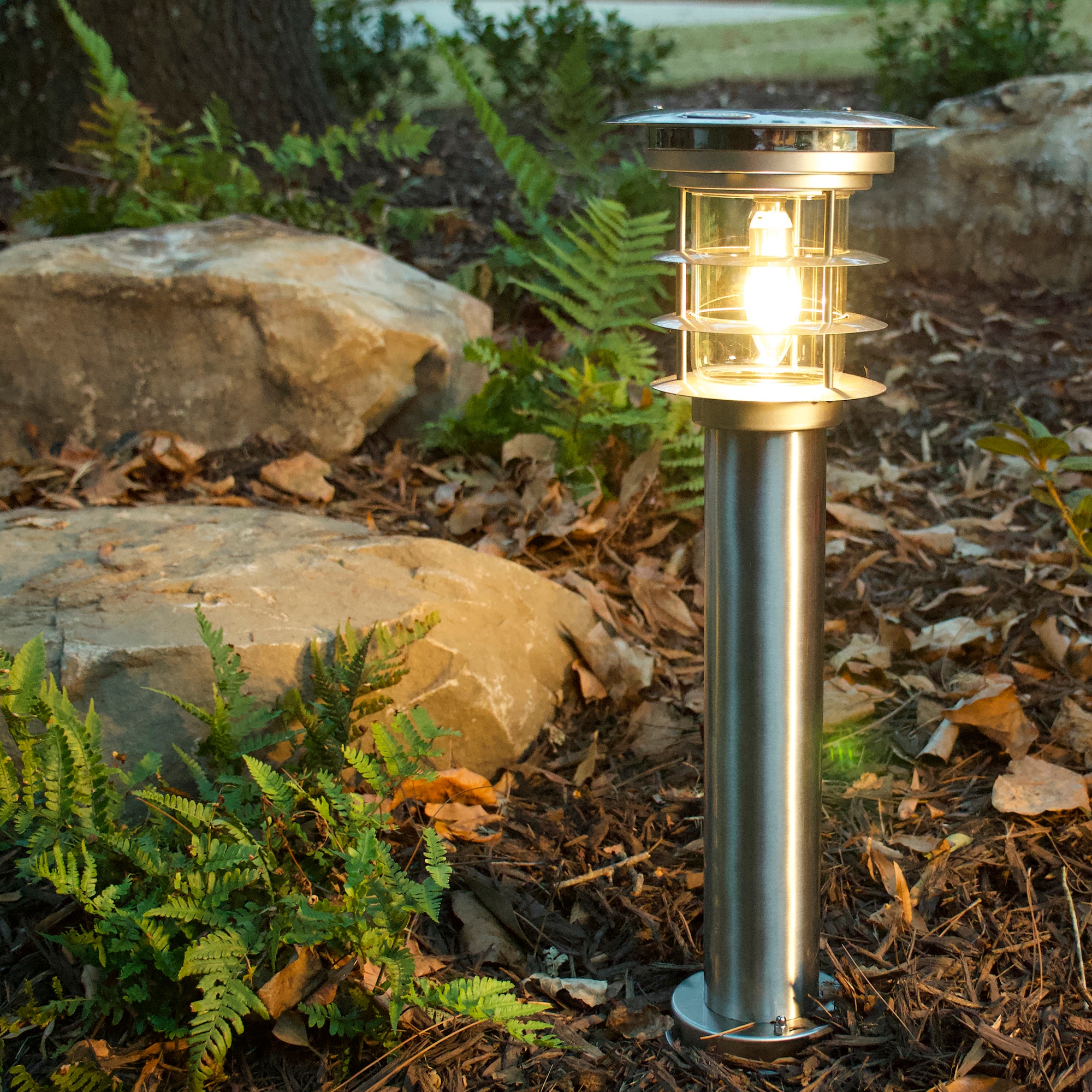 Stainless Steel Silver LED Solar Pathway Bollard Lights, Set of 2