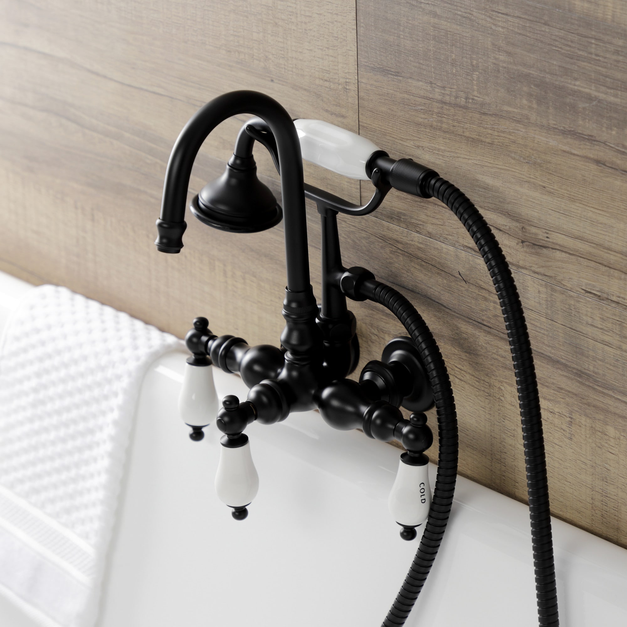 Kingston Brass WLAE9T0 Aqua Vintage Matte black 3-handle Wall-mount High-arc Bathtub Faucet with Hand Shower ( Valve Included )