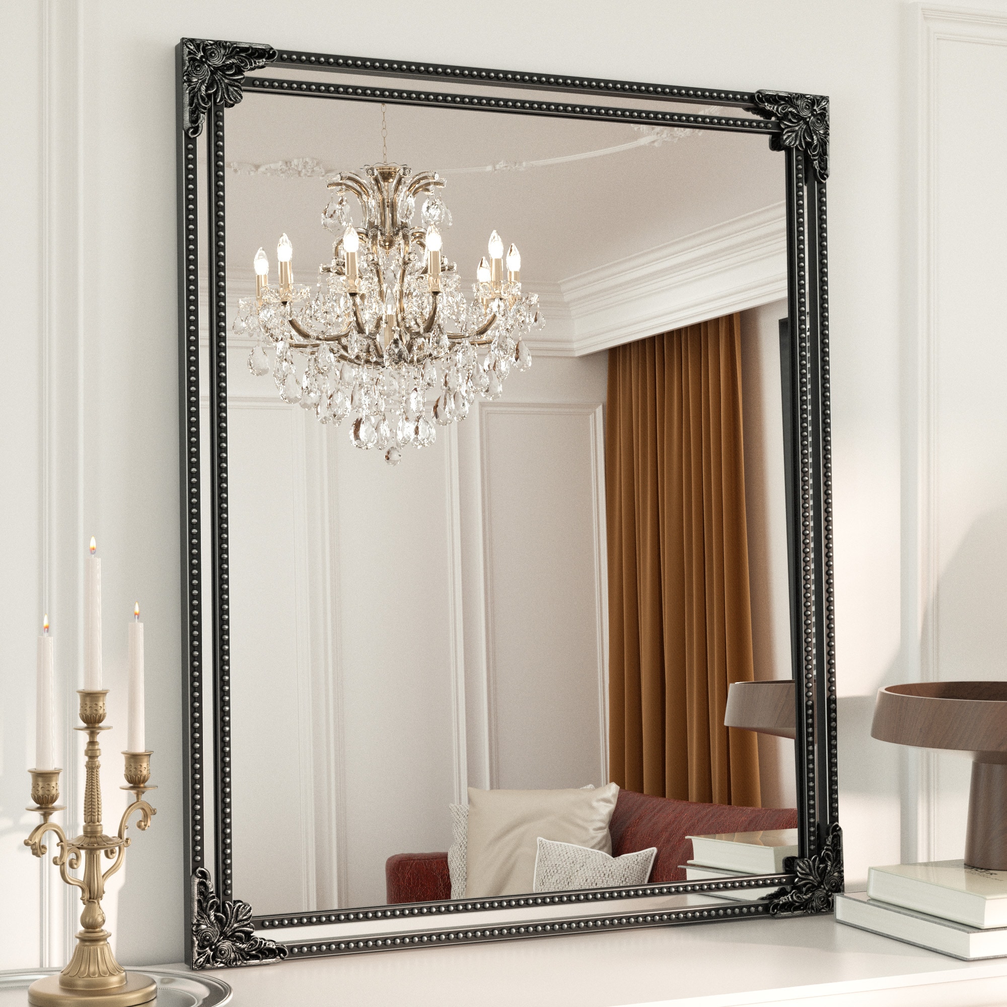Keonjinn LW-ZSJ-FSQ-7591-BK Decorative Mirror 30-in W x 36-in H Rectangle Distressed Black Framed Wall Mirror