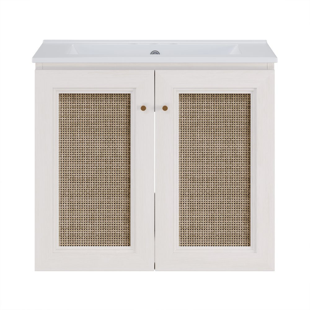 Swiss Madison - 24 WallMounted Bathroom Vanity in White Oak Centerset Faucet Holes Vanity Top