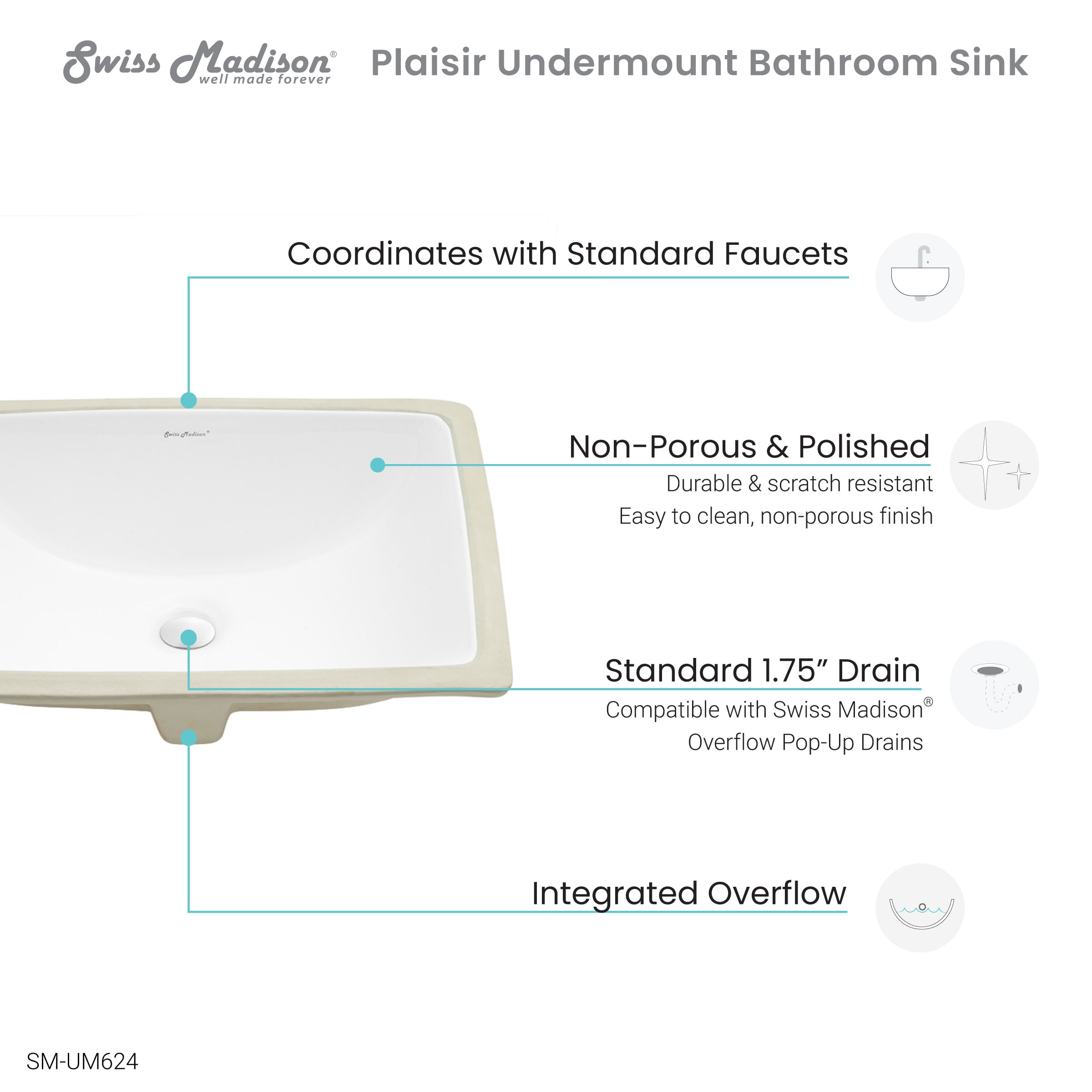 Plaisir White Ceramic Rectangular Under-Mount Bathroom Sink