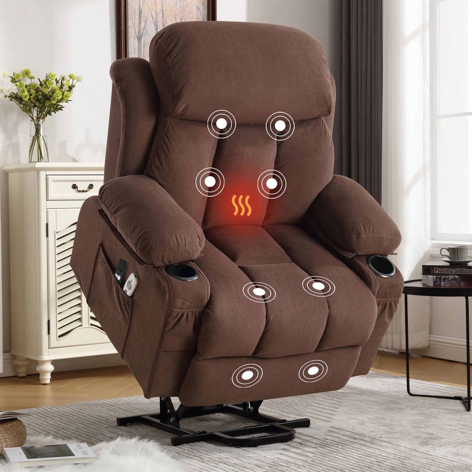 LUCKY ONE MO-XF00004 Brown Velvet Upholstered Tufted Powered Reclining Zero Gravity Massage chair with Lift Assistance