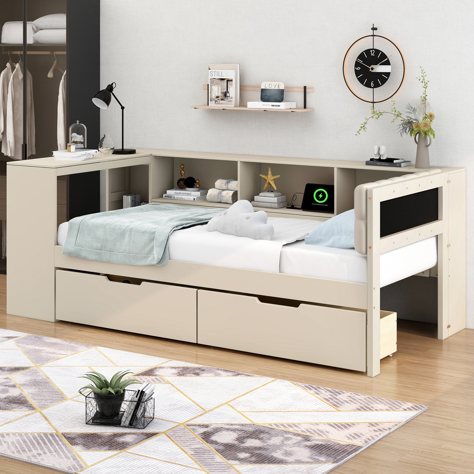 Clihome - Twin Cream Wood Platform Bed Storage with Headboard