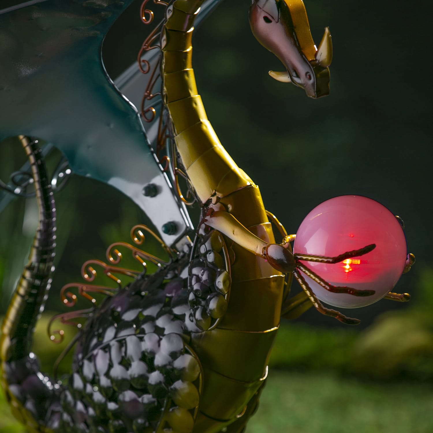 Majestic Black and Gold Metal Dragon Garden Statue with Solar Globe
