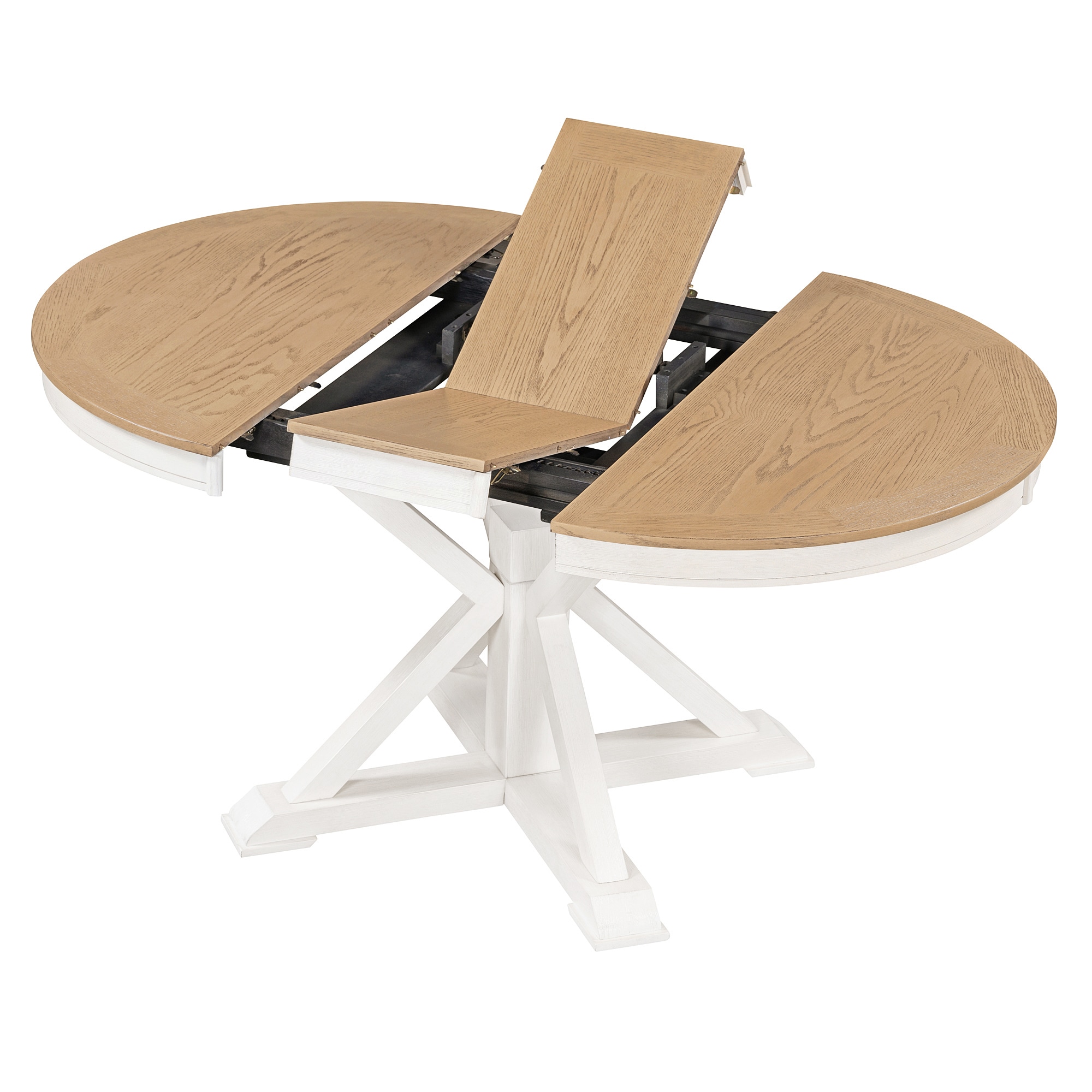 SINOFURN SYA330141WT Off-white Round Rustic Extending Butterfly leaf Dining Table, Wood veneer with Finished Wood Trestle Base 54-Inches L x 30-Inches H