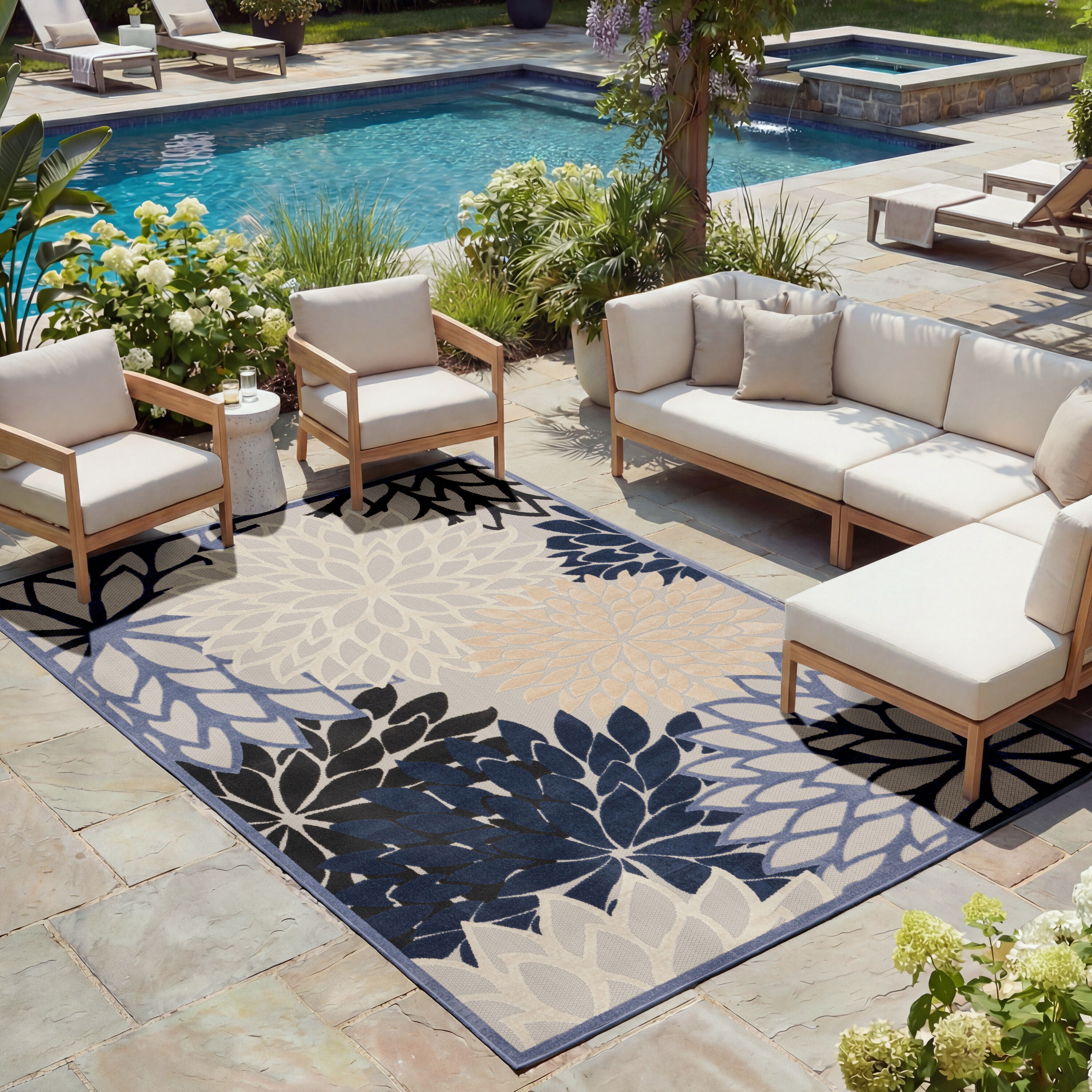 Nourison Aloha 8 x 11 (ft) Loomed Polypropylene Blue Rectangular Indoor/Outdoor Floral/Botanical Farmhouse/Cottage Hose Washable Area rug #99446738783
