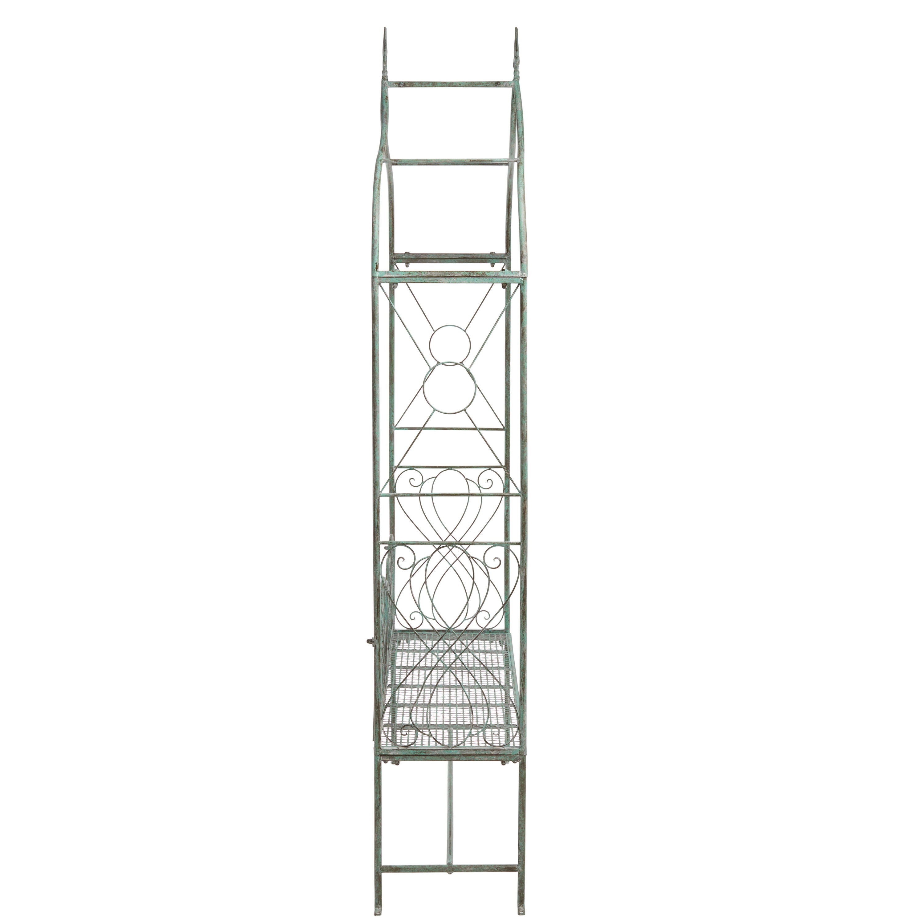 Antique Green Iron Garden Arbor Bench with Victorian Scrollwork