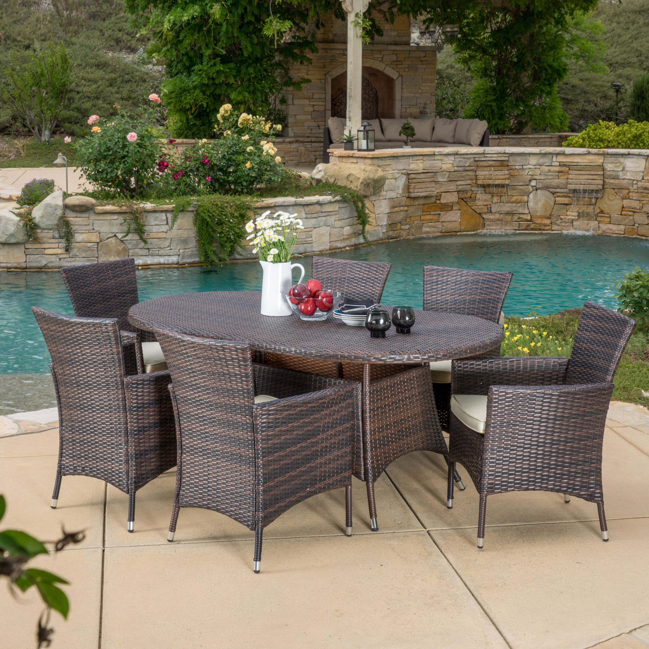 Christopher Knight Home 295852 Outdoor Wicker 7 Piece Dining Set with Cushion Multibrown Beige and Brown