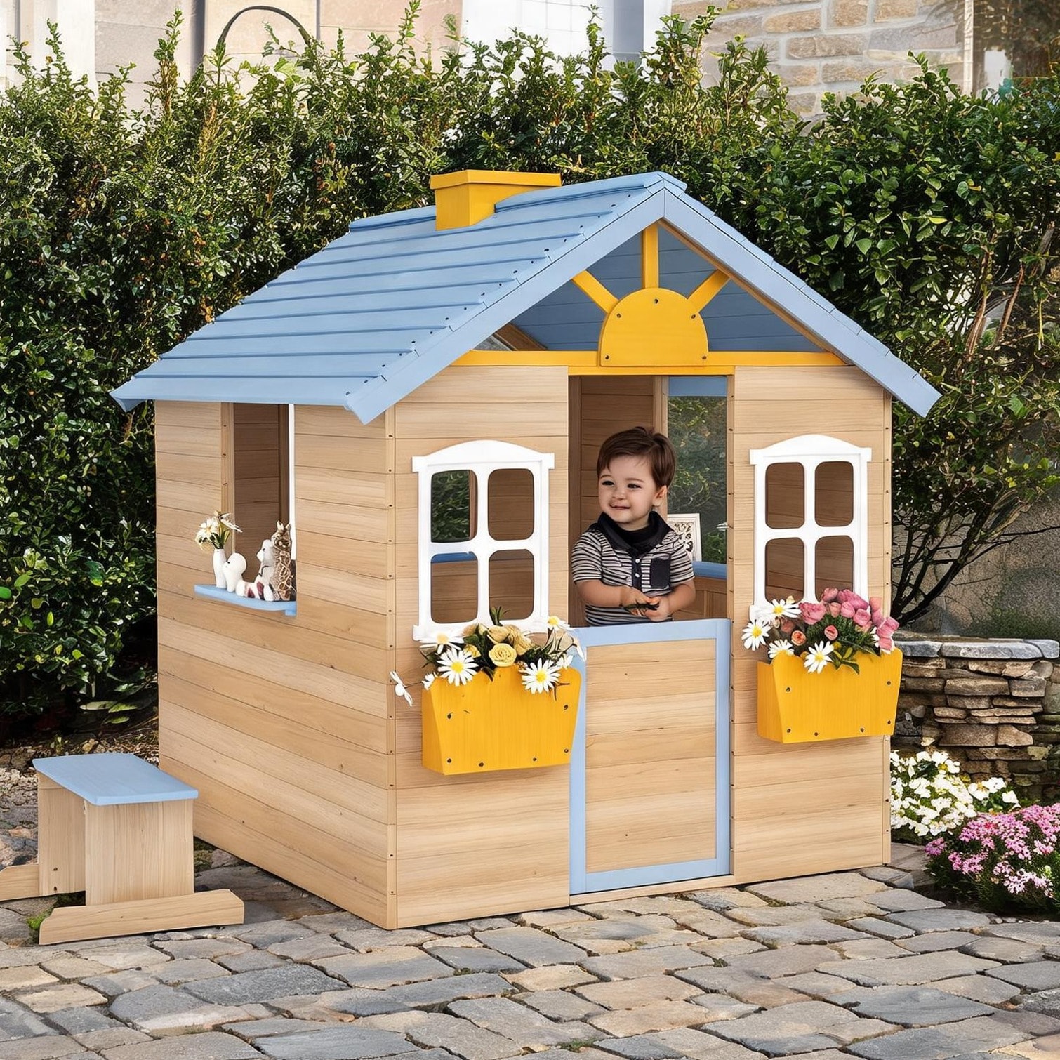 Watnature Rich Blue Fir Wood Outdoor Kids Playhouse with Bench and Flowerpot Holder for Ages 3-7