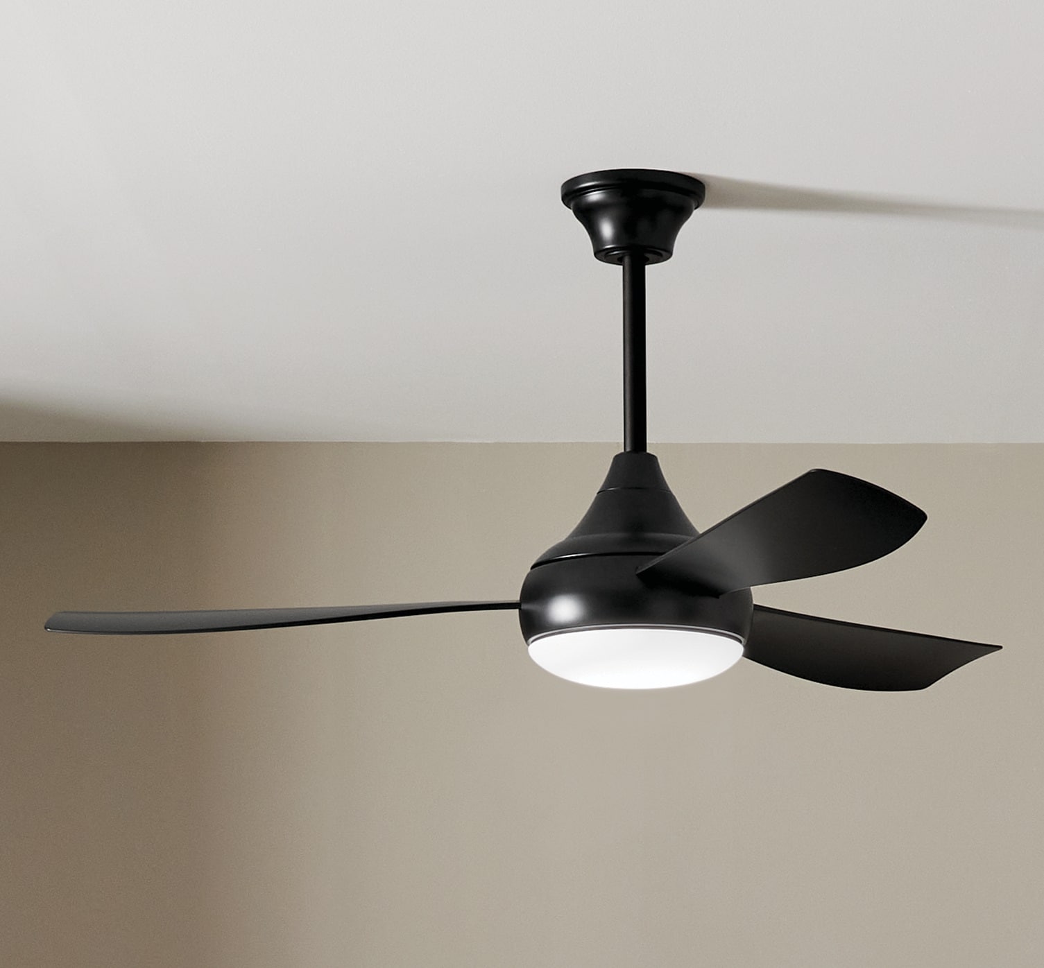 Kichler 310354SBK Ample 54-in Integrated LED Outdoor Downrod or Flush Mount Satin Black with Satin Black Blades Ceiling Fan With Light - Remote Included ( 3 -Blade )