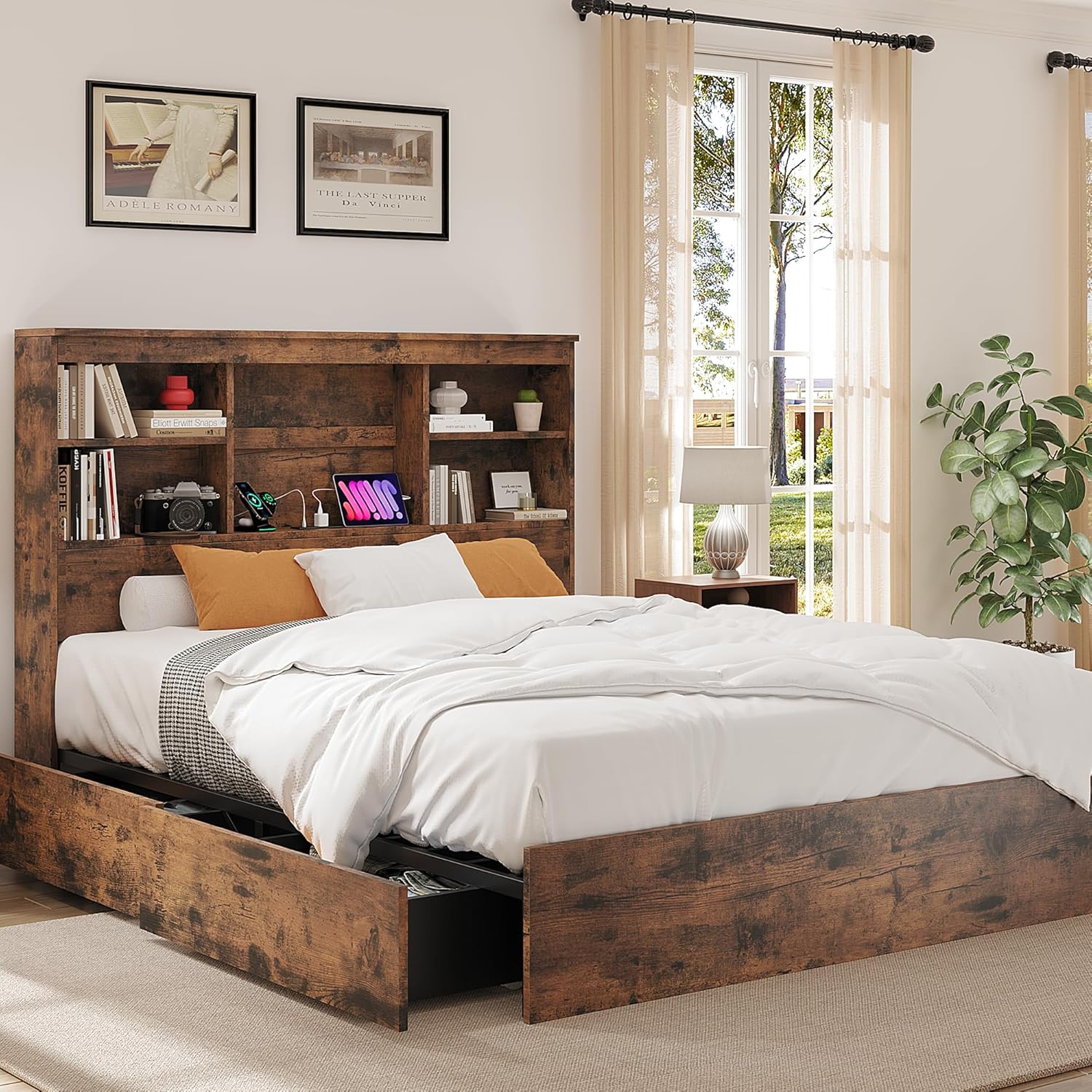 Qeetex LHF-BED-PHK-33QCTKJX Queen Size Bed Frame with High Storage Bookcase Headboard Wood Bed Frame with 4 Storage Drawers Built in Charging Station No Box Spring Needed Metal Frame Noise-Free Vintage Brown