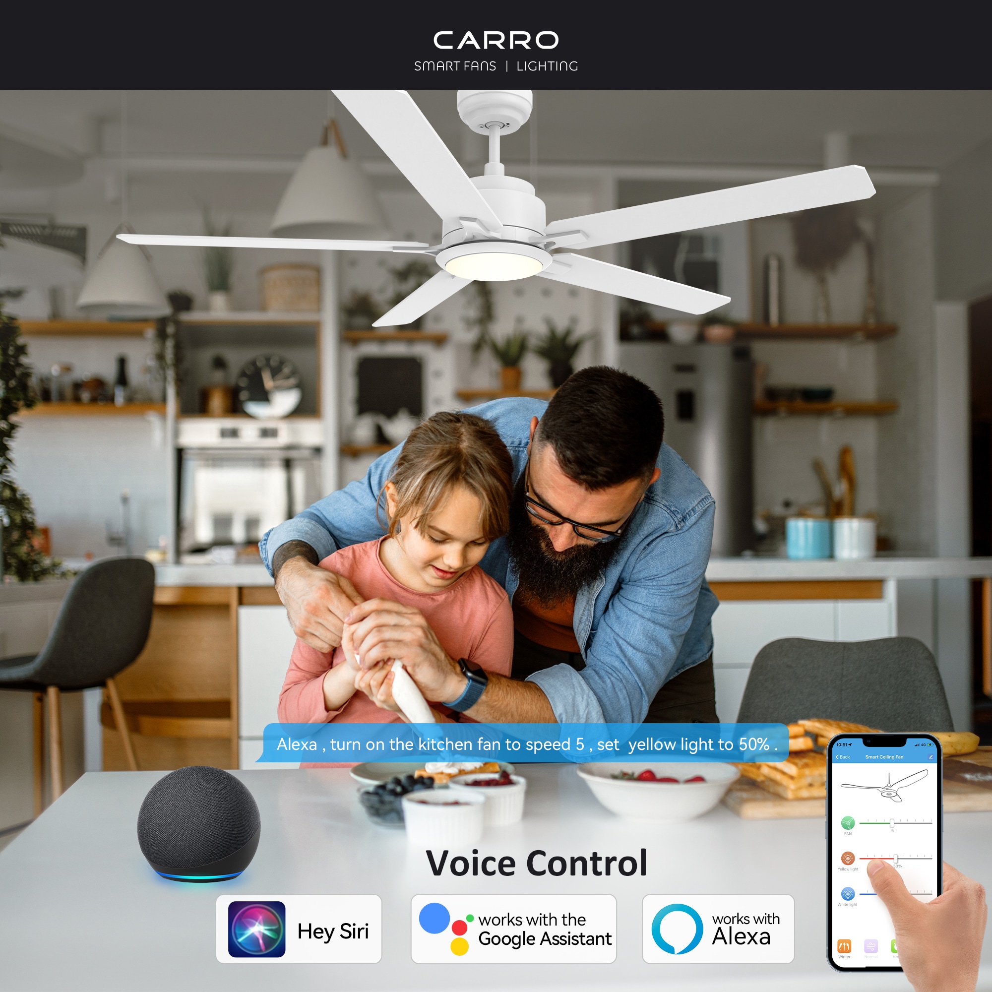 CARRO USA Essex 60-in White Indoor/Outdoor Smart Ceiling Fan with Light and Remote (5-Blade) NLS605J-L12-W1-1 Sansujyuku sansujyuku.com