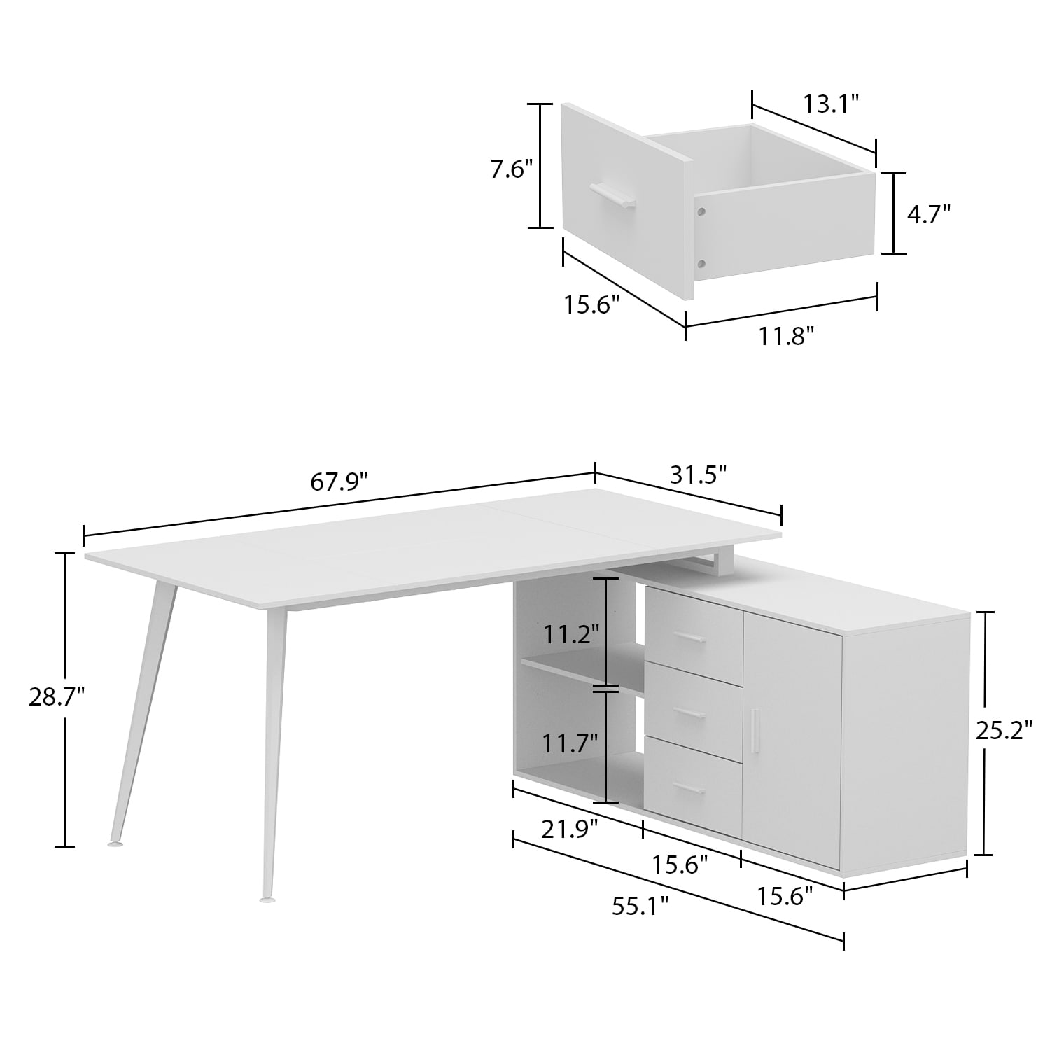 Reversible L-Shaped Desk Computer Desk with Drawers & Shelf Ample Storage - FUFUGAGA White