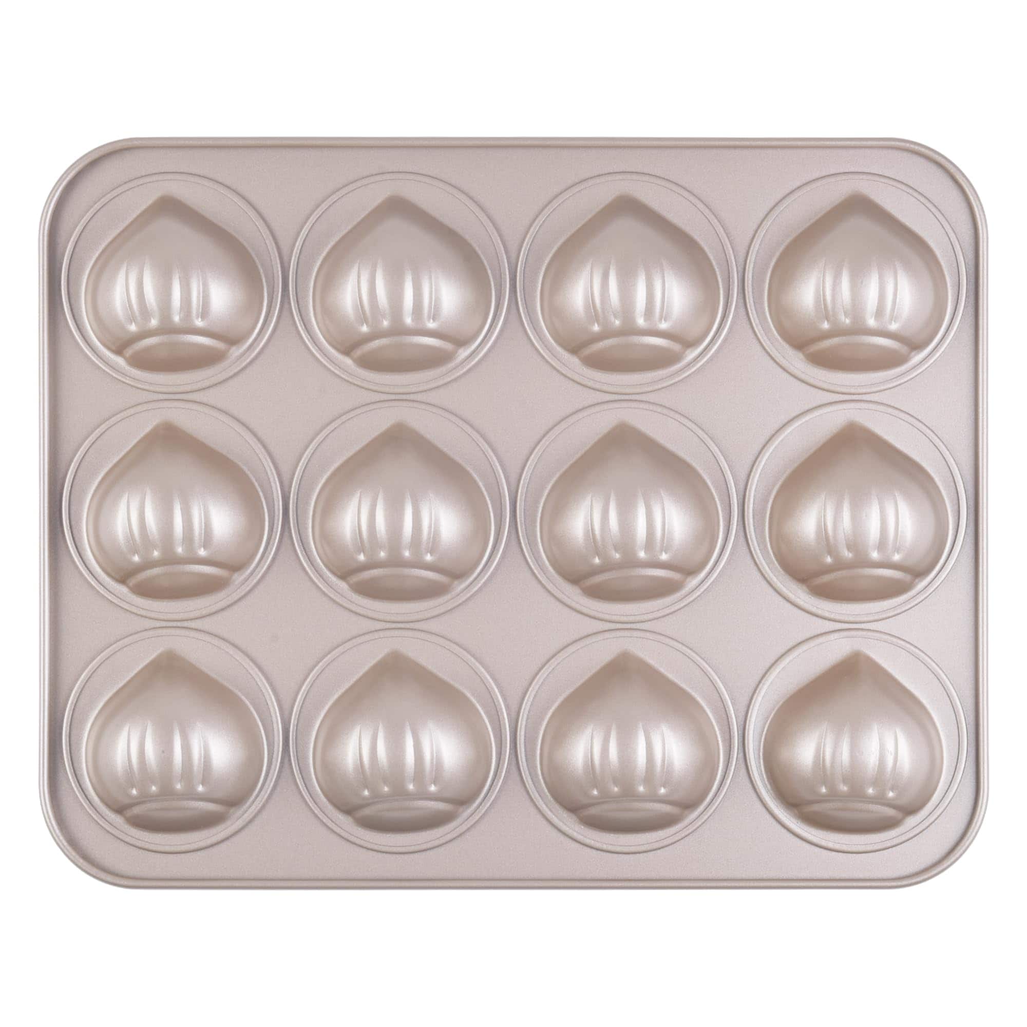 Linder Group Inc 12 Cavity Chestnut Shaped Muffin Cake Pan Nonstick Bakeware for Oven Baking Champagne Gold Heavy Duty Replacement Part Universal Fit Installation