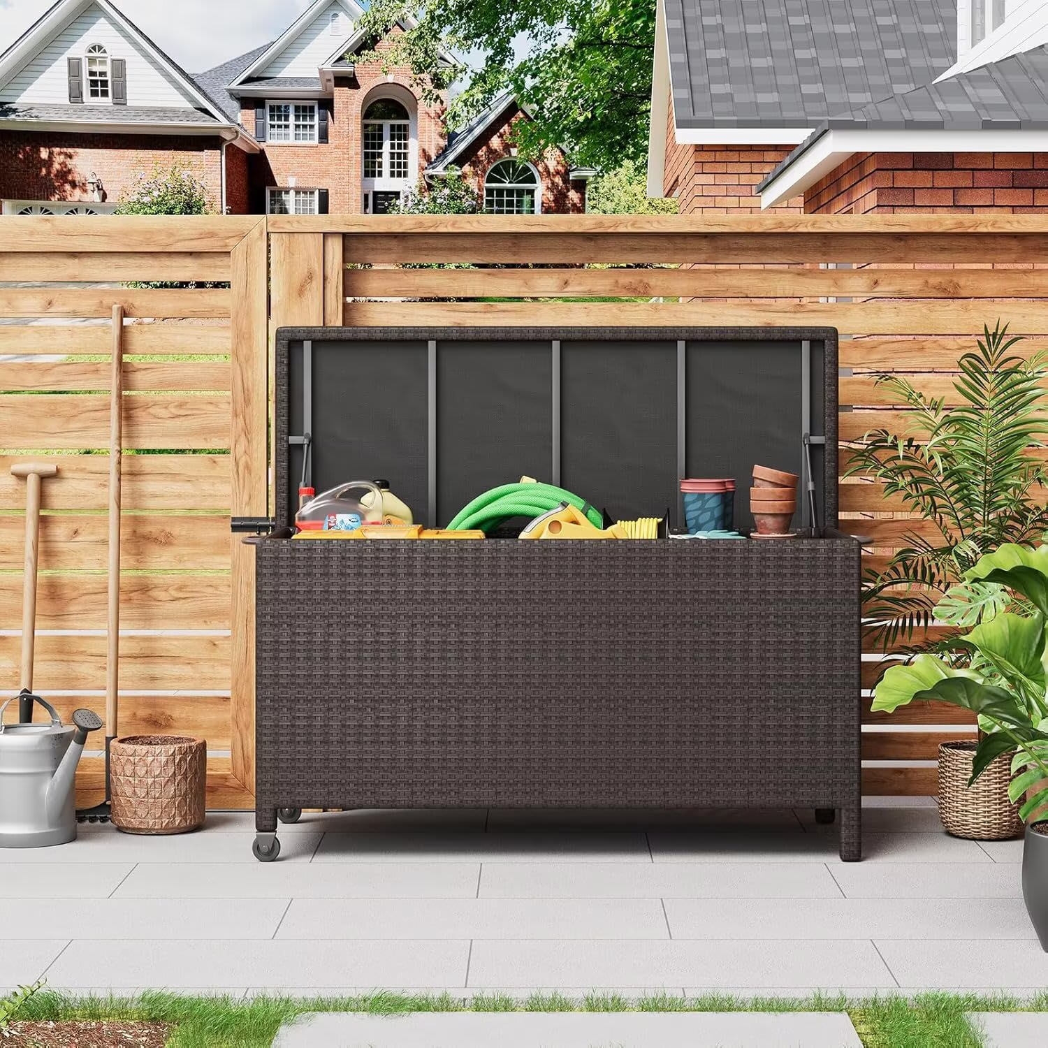 Qeetex JXNAG-PHO-12DQOU3O 120 Gallon Outdoor Storage Box Waterproof PE Rattan Deck Box With Wheels Large Storage Bench for Patio Cushions Tools Pool Supplies-Brown