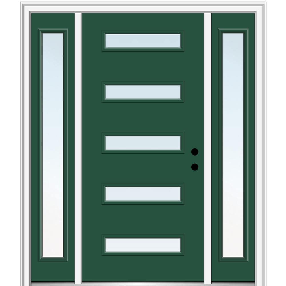 MMI DOOR ZZ346495L Spotlights 64-in x 80-in x 4-9/16-in Fiberglass Pulse lite Left-hand inswing Hunter Green Painted Prehung Front Door with Sidelights with Brickmould Insulating core