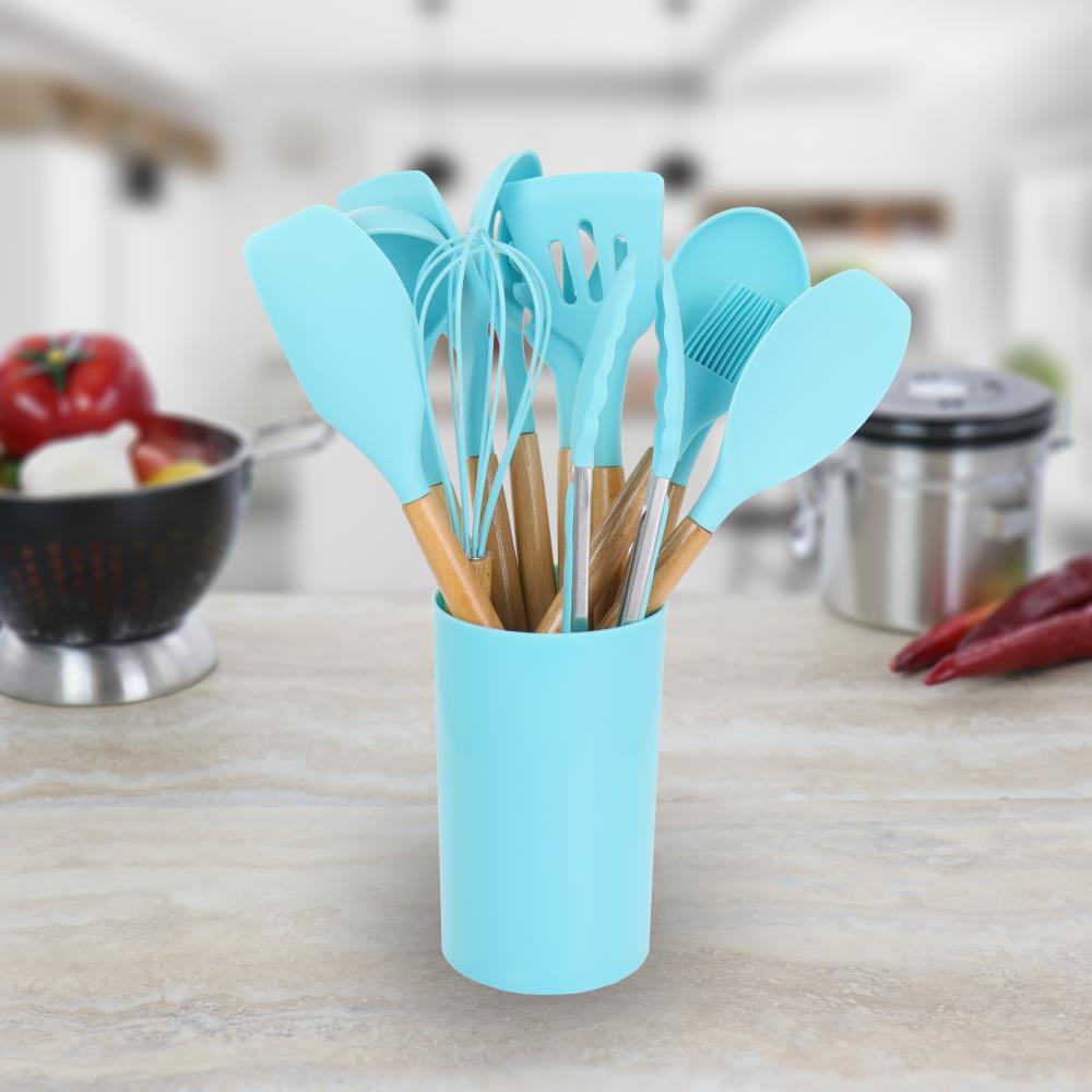 MegaChef Light Teal Silicone and Wood Cooking Utensils Set of 12 - Blue  Spatula Utensil Set - BPA Free - Hand Wash Recommended in the Kitchen Tools  department at