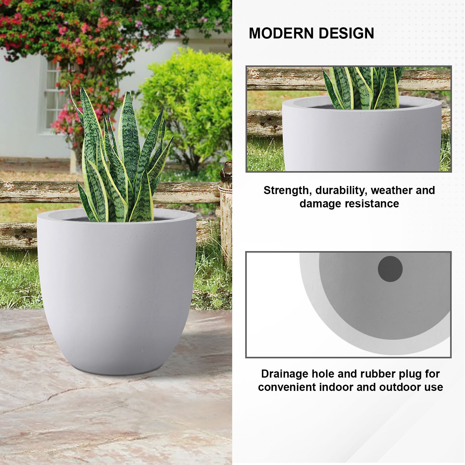 PLANTARA Round 13.3-in W x 12.5-in H White Fiberglass Contemporary ...