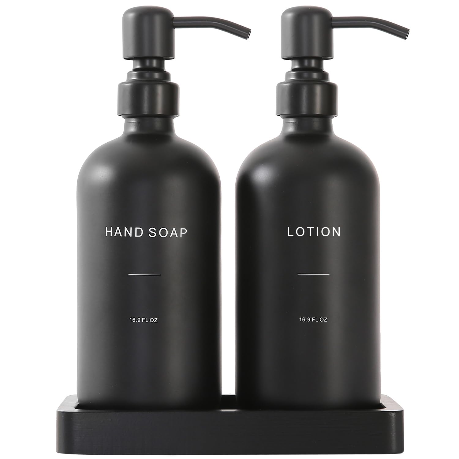 Aoibox  Black Soap and Lotion Dispenser Set with Stainless Steel Pump and Anti Slip Tray for Bathroom Decor 6 9