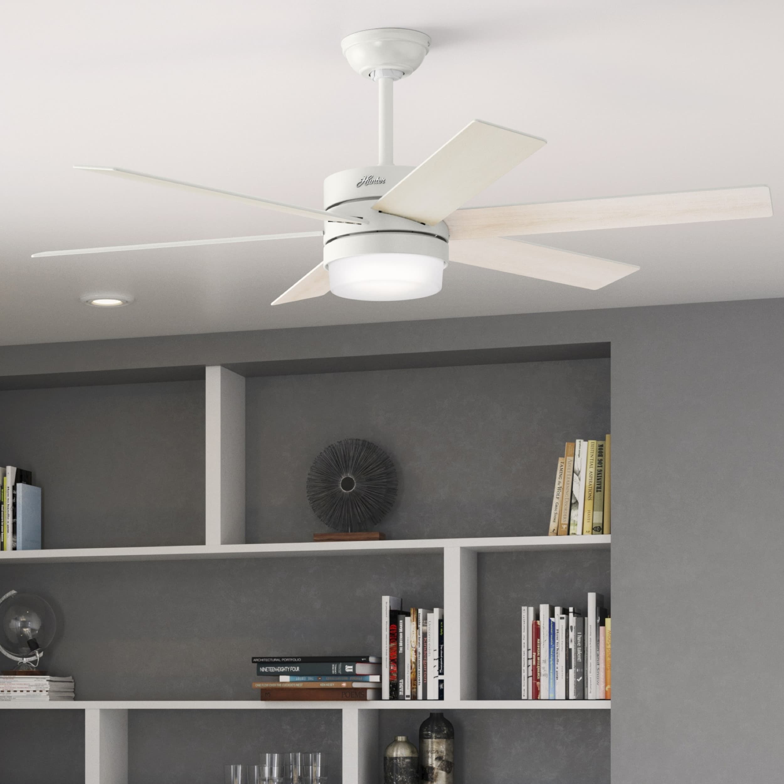 Hunter 50198 Kempton Park SureSpeed 54-in Integrated LED Fresh White with Bleached Alder Blades Ceiling Fan With Light - Remote Included ( 6 -Blade )