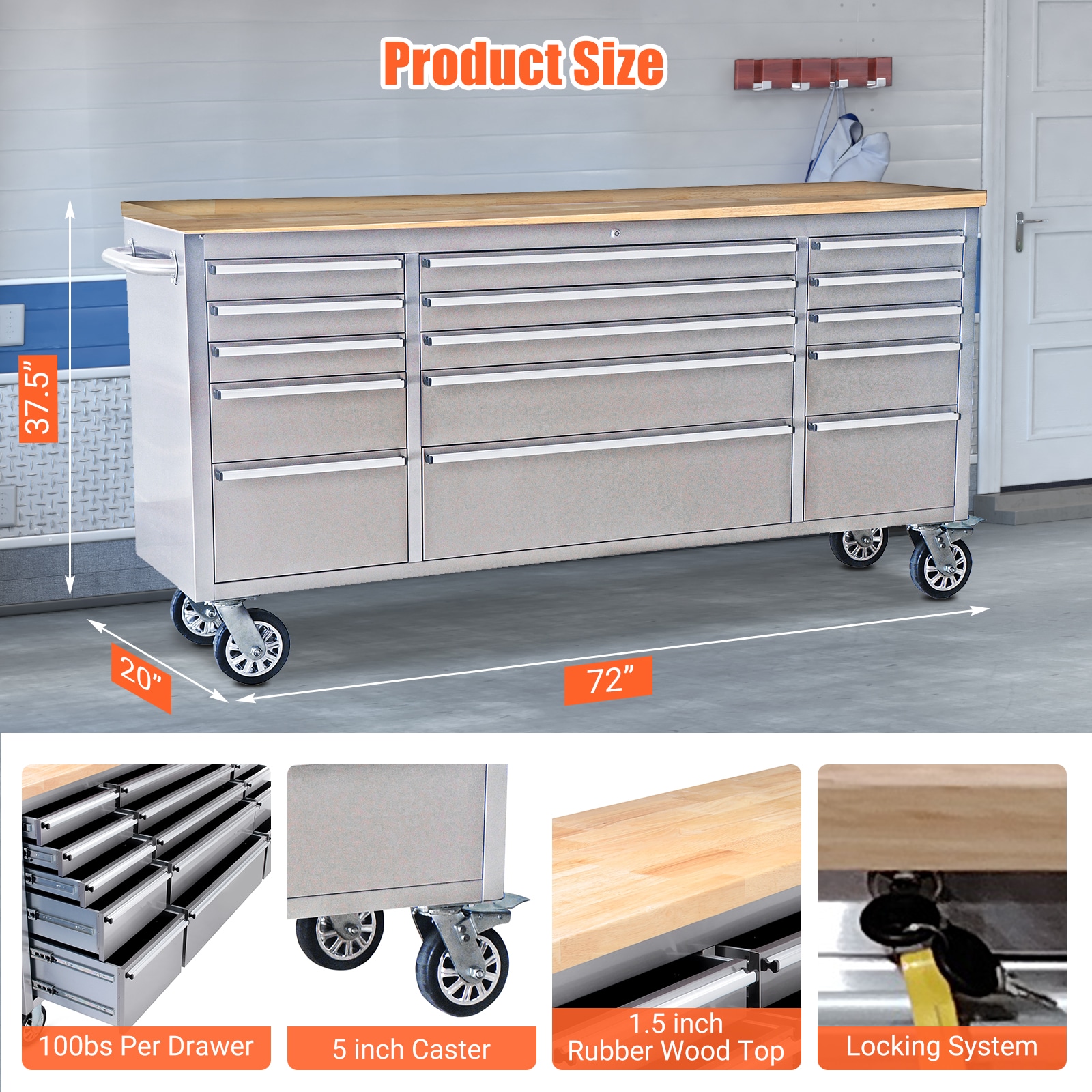 Garvee 72 in Stainless Steel Mobile Rolling Tool Cabinet with 15 Drawers Lockable Wheels for Garage and Warehouse Sansujyuku sansujyuku.com