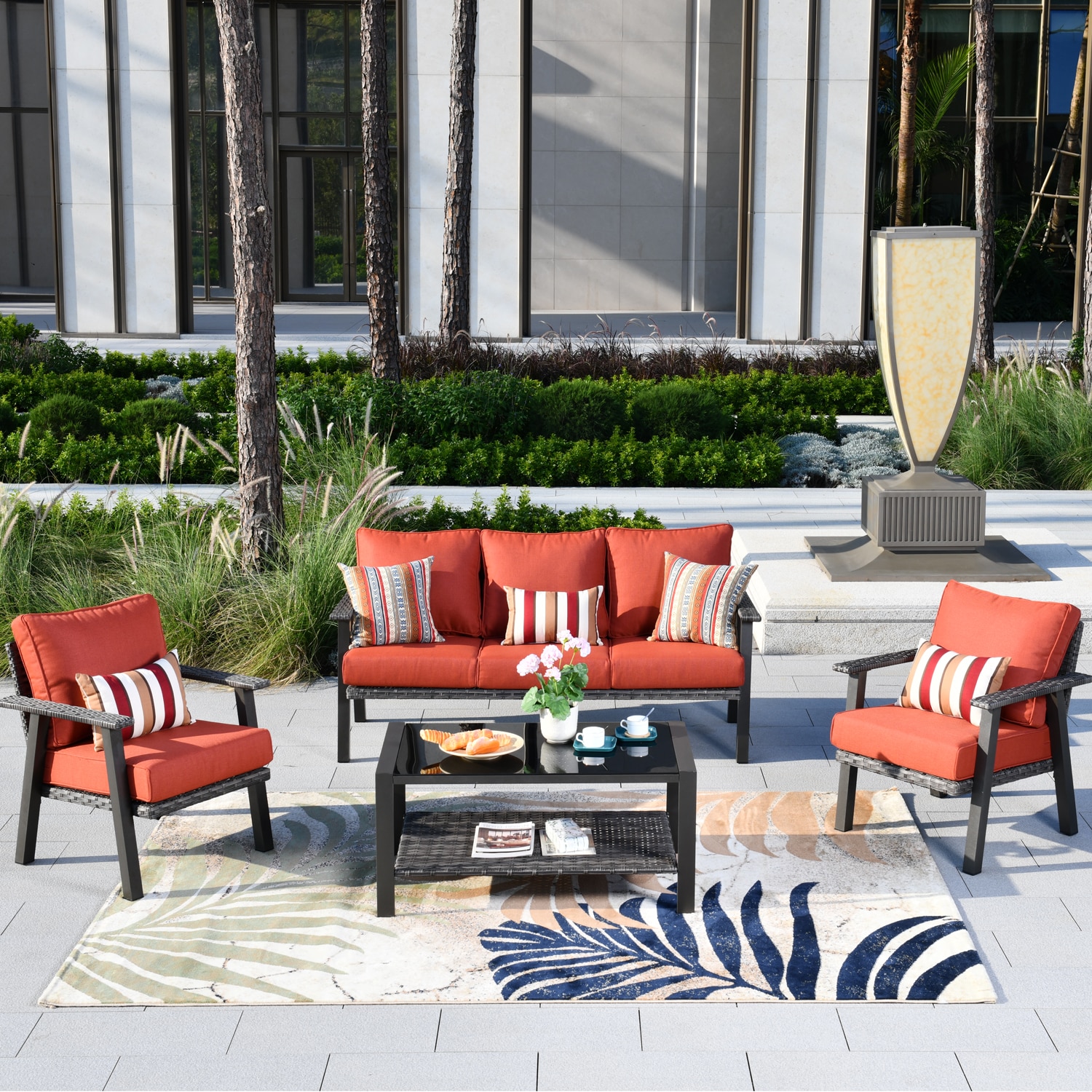 Pouuin SHW80T04 4 -Piece Rattan Patio Sofa Conversation Set with Orange Cushions