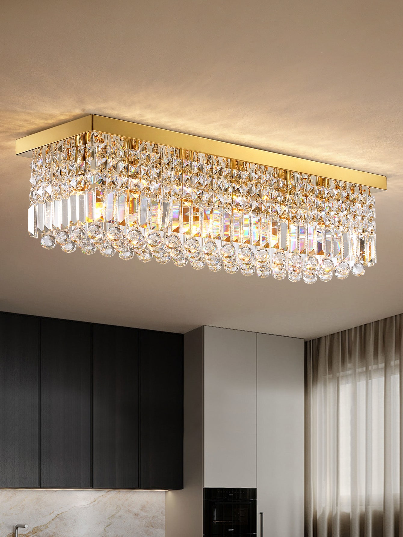 WDETR  6-Light Modern Crystal Flush Mount Chandelier Gold Rectangular Flush Mount Ceiling Light Fixture for Dining Room Living Room Kitchen Island