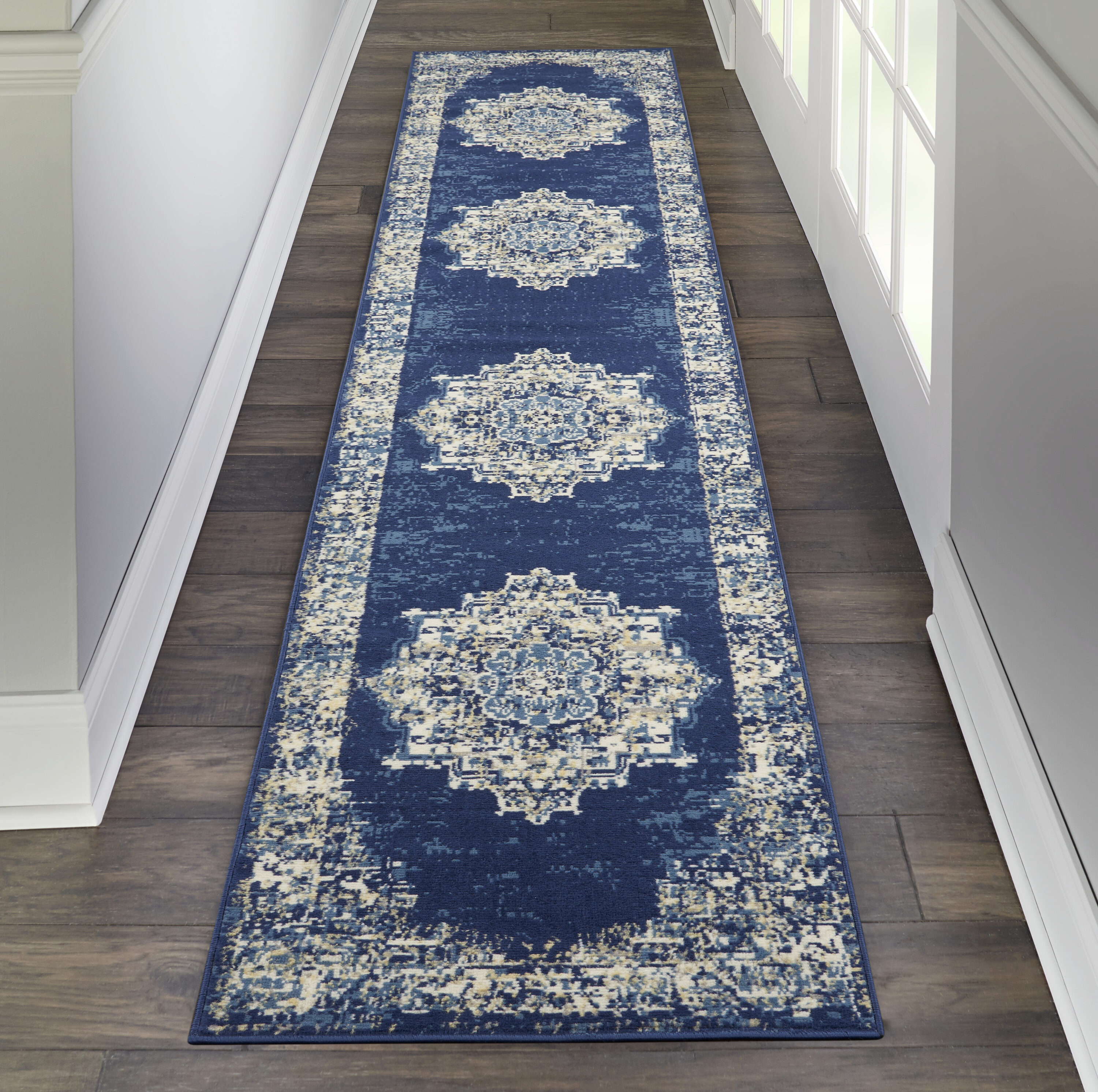Nourison 99446722287 Grafix 2 x 10 (ft) Loomed Polypropylene Navy Blue Irregular Indoor Medallion Bohemian/Eclectic Area rug