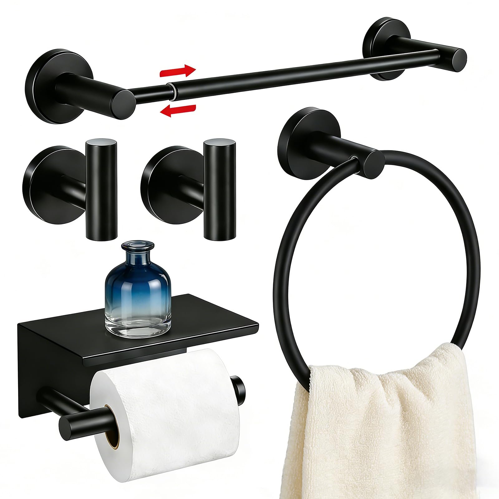 Lovav - Adjustable 5 Piece Bathroom Hardware Set SUS304 Stainless Steel Matte Black Wall Mounted ...