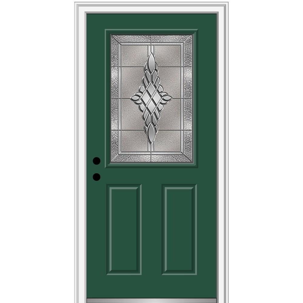 MMI DOOR ZZ3667100R 32-in x 80-in x 4-9/16-in Fiberglass Half lite Right-hand inswing Hunter Green Painted Prehung Front Door with Brickmould Insulating core