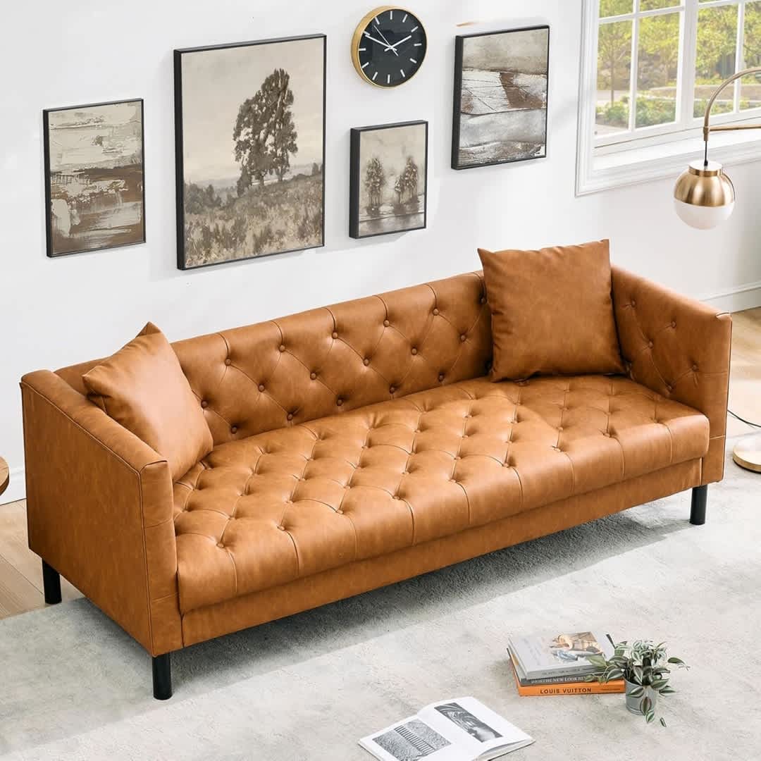 Qeetex CCPHO-15SEZNQH Mid Century Modern Leather Sofa Chesterfield 3 Seater Deep Seat Tufted with 2 Pillows