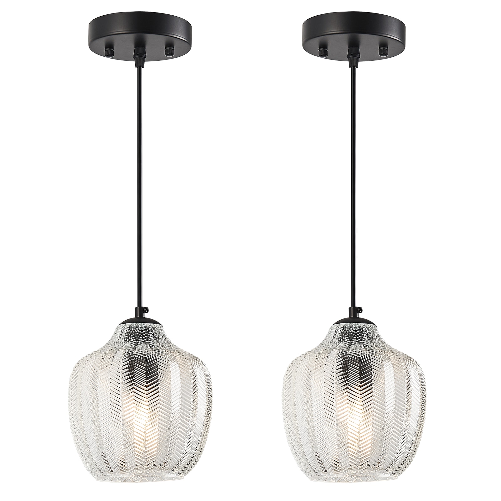 ZHLLMQ Modern 1-Light 2 Pack Barrel Style Matte Black Finish Clear Herringbone Ribbed Textured Glass Oval Shaped Non-Integrated LED 6.29 Inch Kitchen Island Hardwired Mini Pendant Light