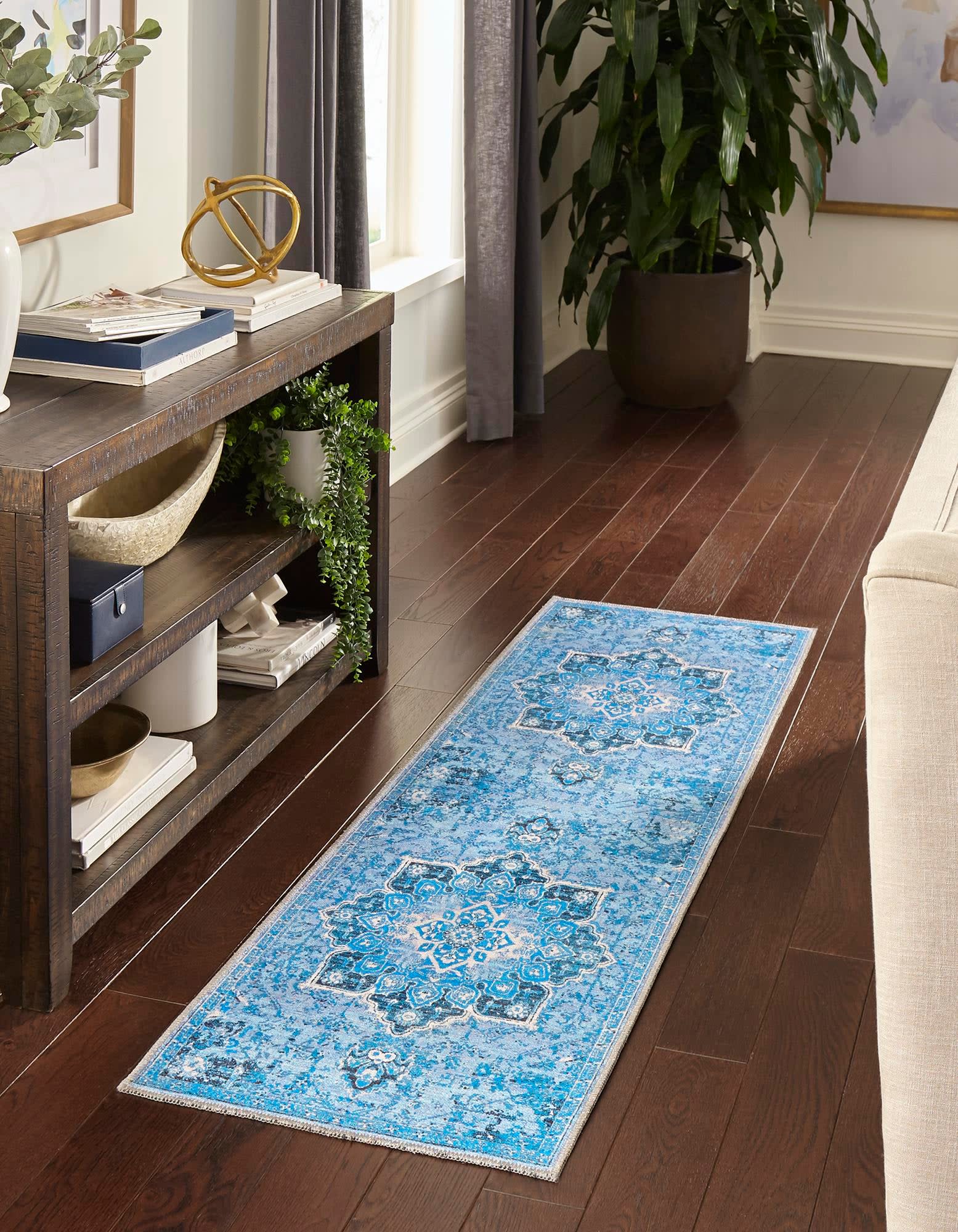 Unique Loom 3166704 Renaissance 2 x 13 (ft) Loomed Polyester Aqua Blue Washable Rectangular Indoor Medallion Runner rug