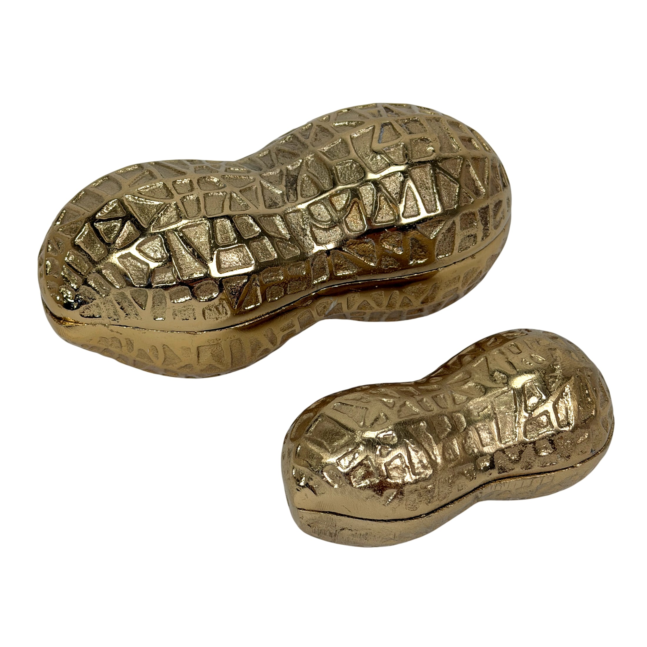 Things2Die4  Set of 2 Different-Sized Gold Cast Aluminum Peanut-Shaped Decorative Boxes with Textured Shell Detail and Fitted Lids - Large 6.5-in X 3-in X 3-in Plus Small 4-in X 2-in X 2-In