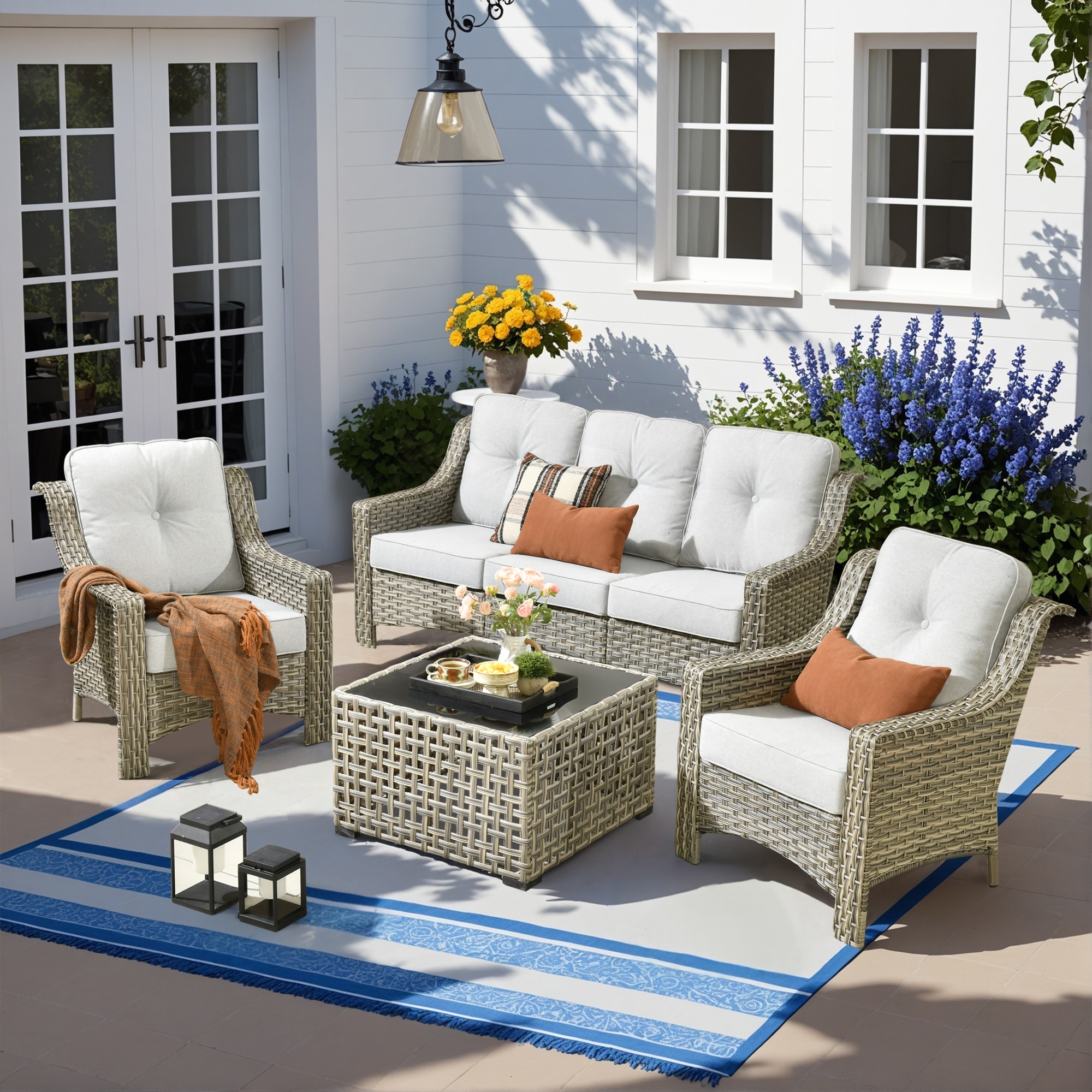 Caodoc L5-PAD404-T New right-Angles Rattan Outdoor Sectional with Gray Cushions and Rattan Frame