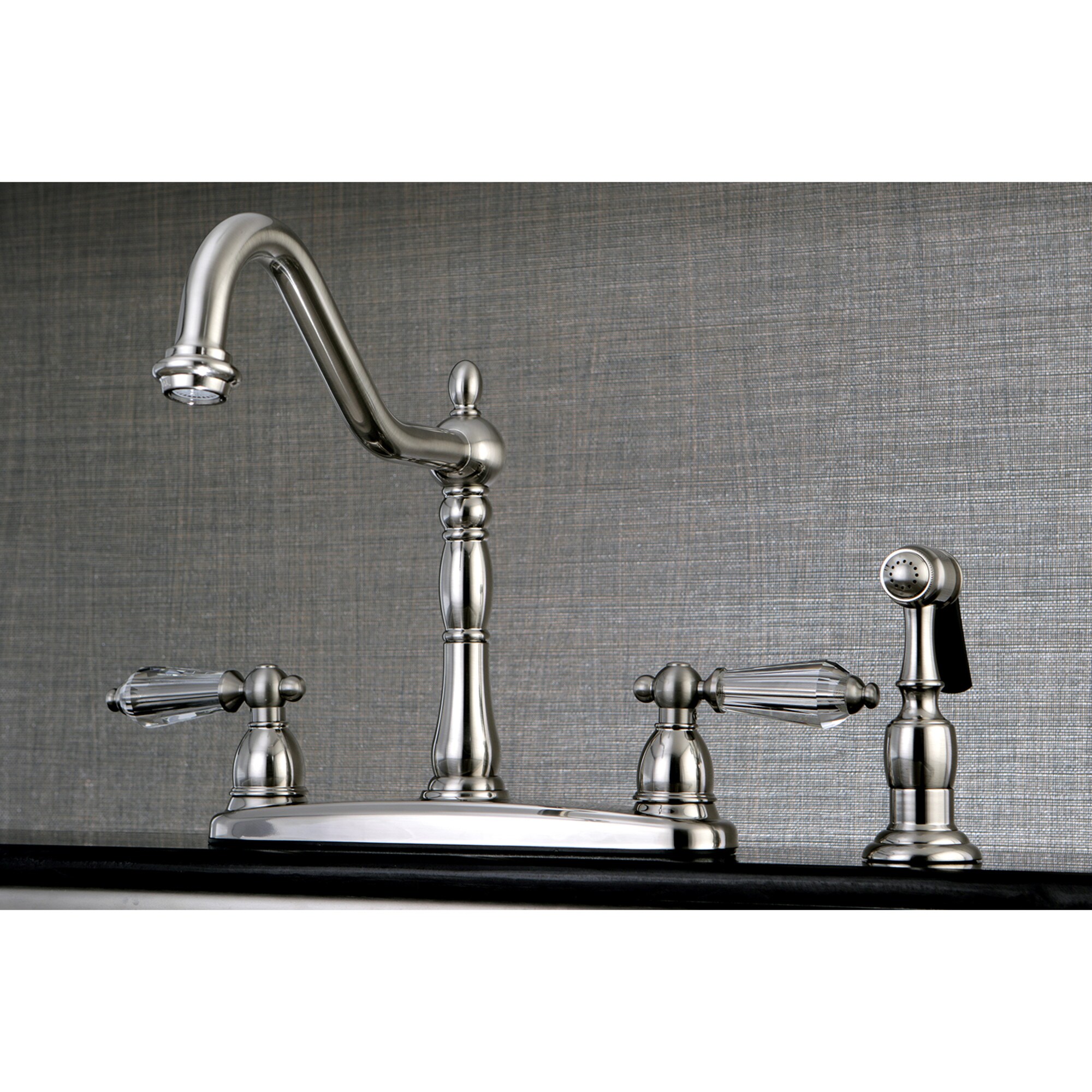 Kingston Brass WLKB1758WLLBS Wilshire Brushed nickel Double Handle Deck-mount Kitchen Faucet with Sprayer ( Deck Plate Included ) ( Side Sprayer Included )