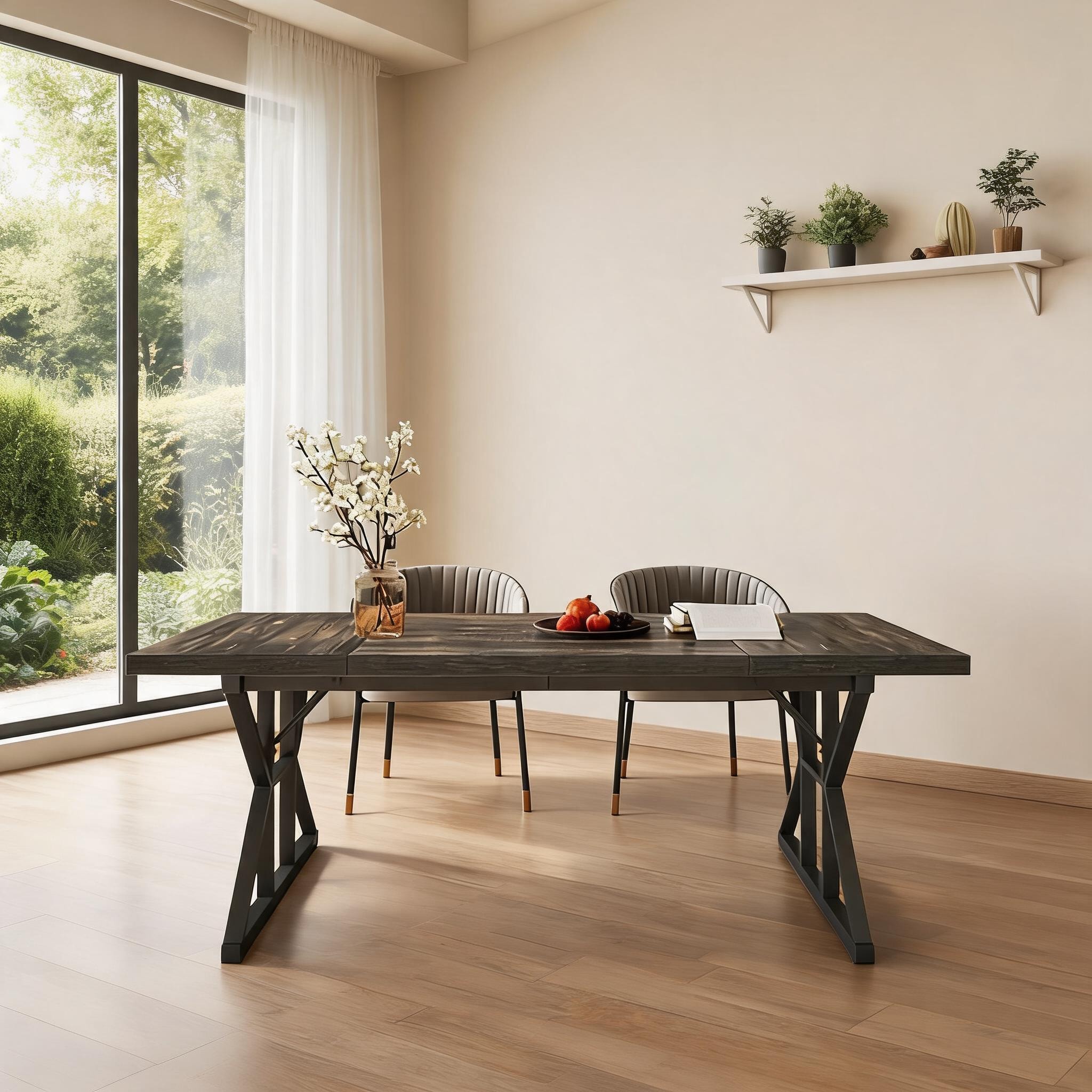 Watnature Seats 4 Farmhouse Modern Rectangular Dining Table Multi-use Jet Black Oak Wood and Metal Construction #5U8QJ29R3A9Y