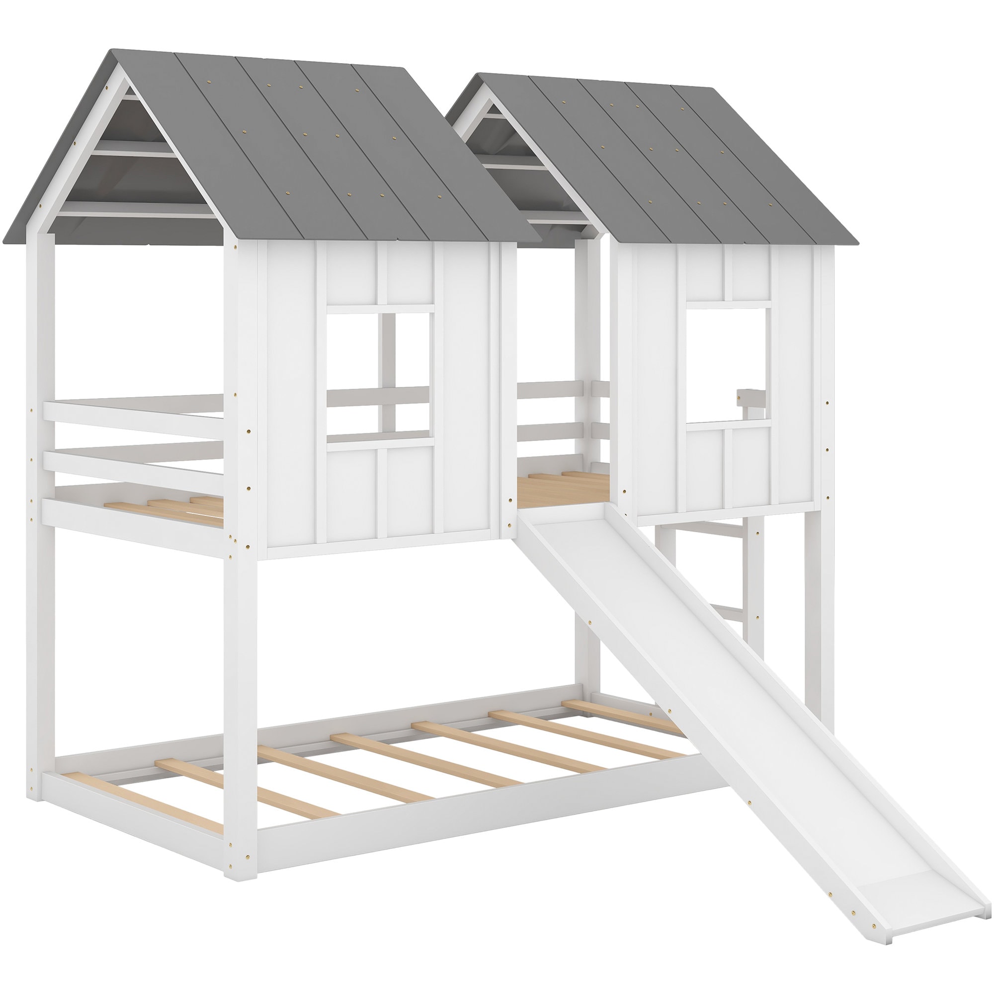 Misopily Twin over Twin House Bunk Bed with Slide and Windows White ...