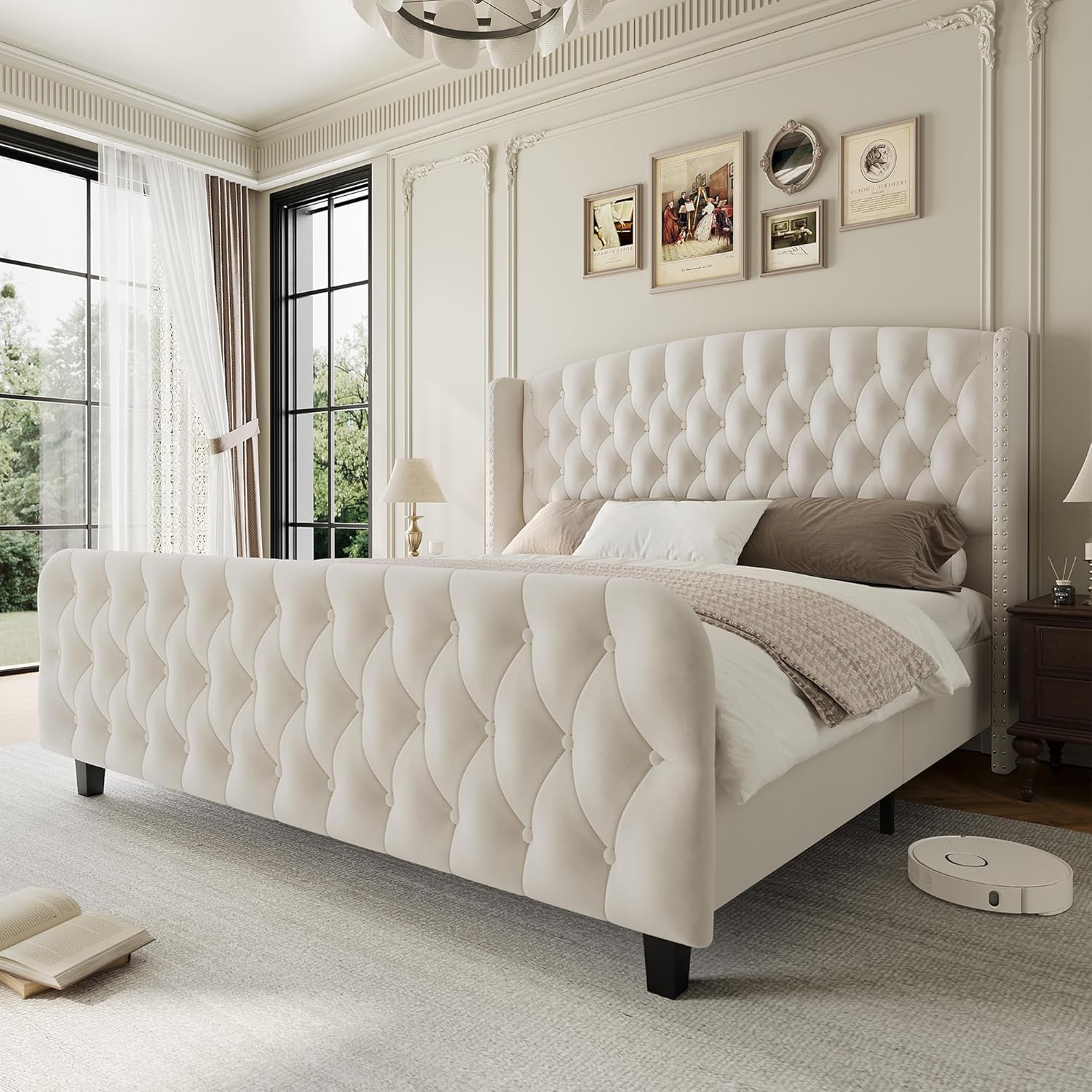 Qeetex PD-PHK-33VE873D Queen Upholstered Bed Frame-51in Tall-Wingback Headboard-Footboard-Velvet Platform-No Box Spring Needed-Easy Assemble-Cream