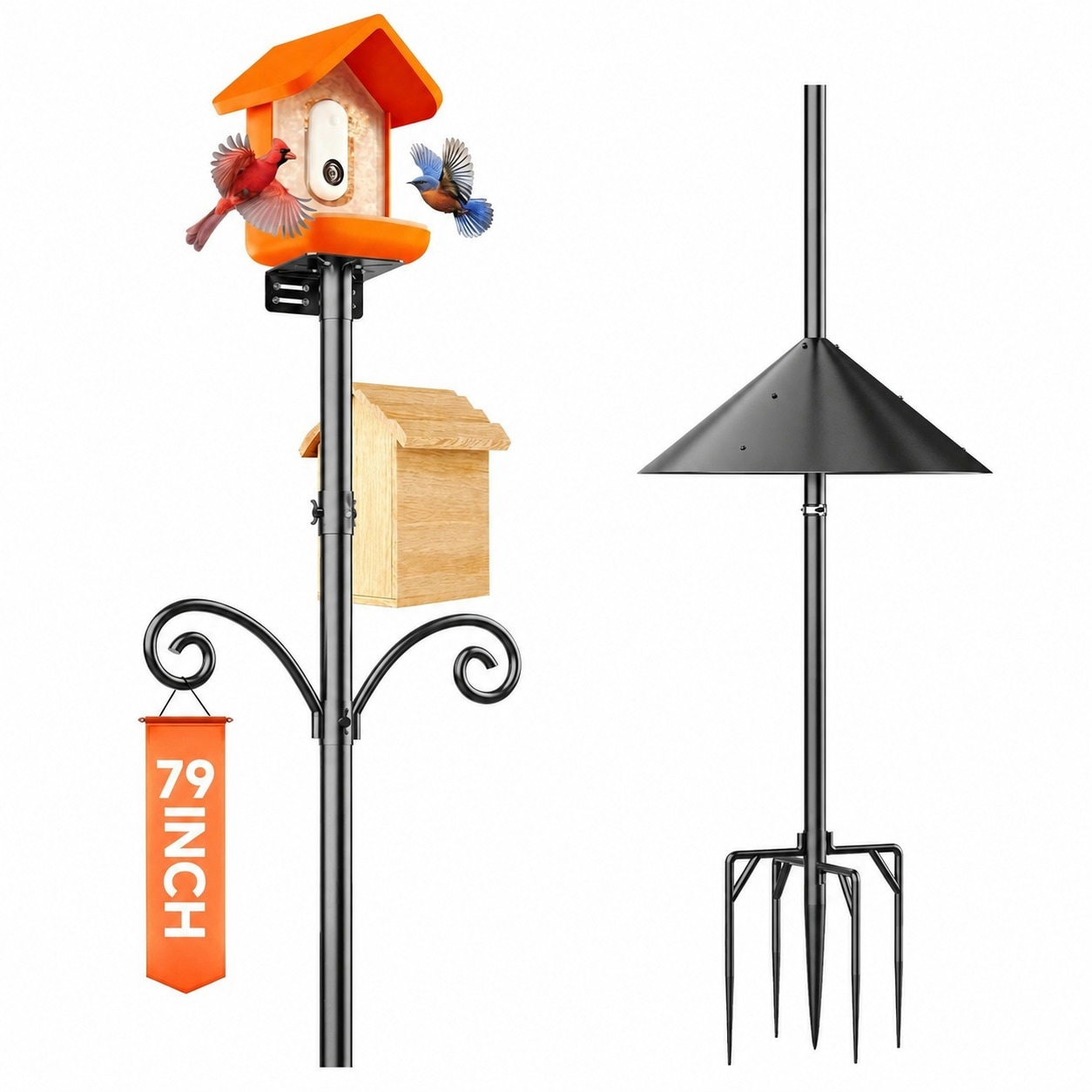 UUDULY  Bird Feeder Pole Stand Kit with Squirrel Proof Baffle Adjustable 79 Inch Pole Double Shepherds Hooks Mounts Two Bird Houses Heavy Duty