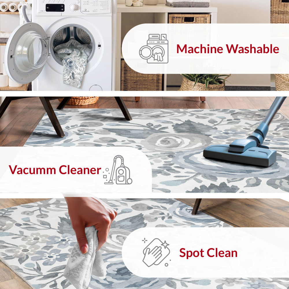 Gray Floral Washable Stain-Resistant Synthetic Area Rug 4' x 6'