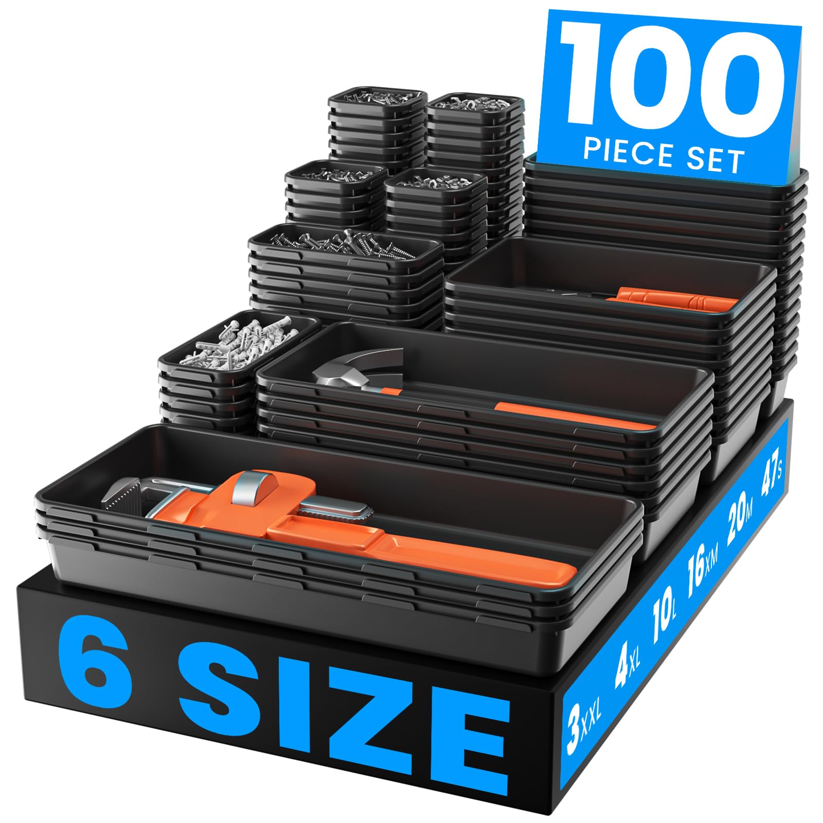 Anqtovp  100 Piece Tool Drawer Organizer Set 6 Sizes Plastic Drawer Divider Bins for Garage Tool Chest Cart Workbench Office Desk Storage