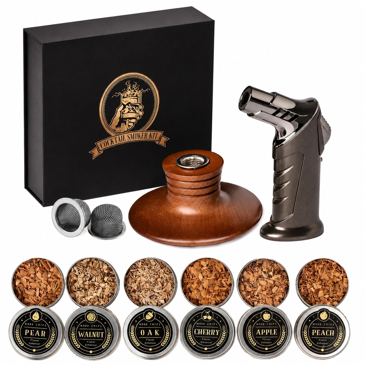 Aoibox  6 Piece Cocktail Smoker Kit with Torch and Wood Chips for Whiskey and Bourbon Old Fashioned Cocktail Kit Gift Box