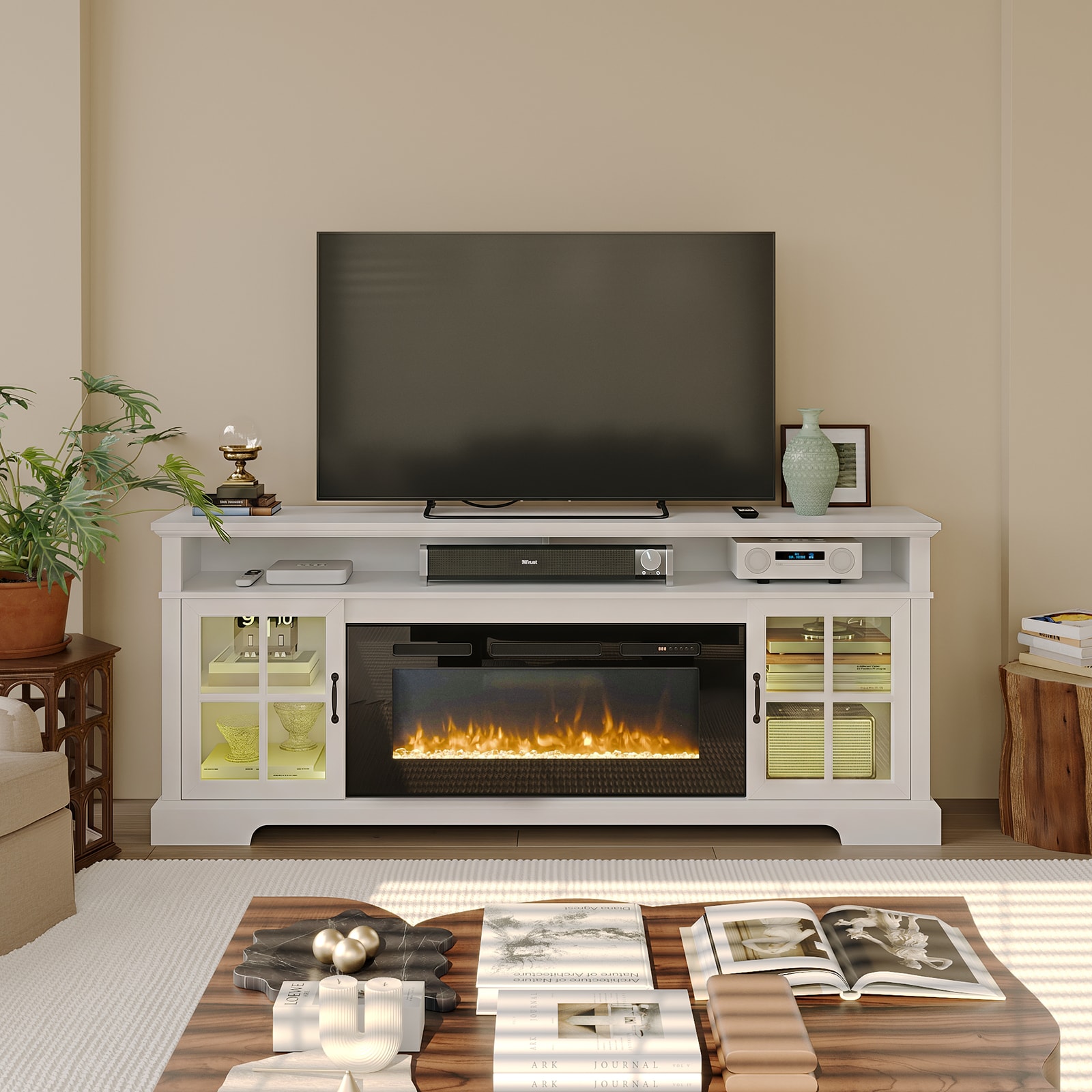 Nordivale 70 in White TV Stand with Electric Fireplace Storage Cabinets LED Lights and Remote Control Included