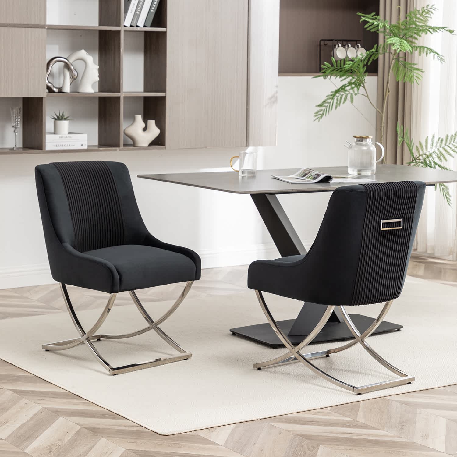SEYNAR XY733-BLACK-S2 Contempoary Velvet Dining Chair Set of 2 with Metal Frame Legs and Back Pull