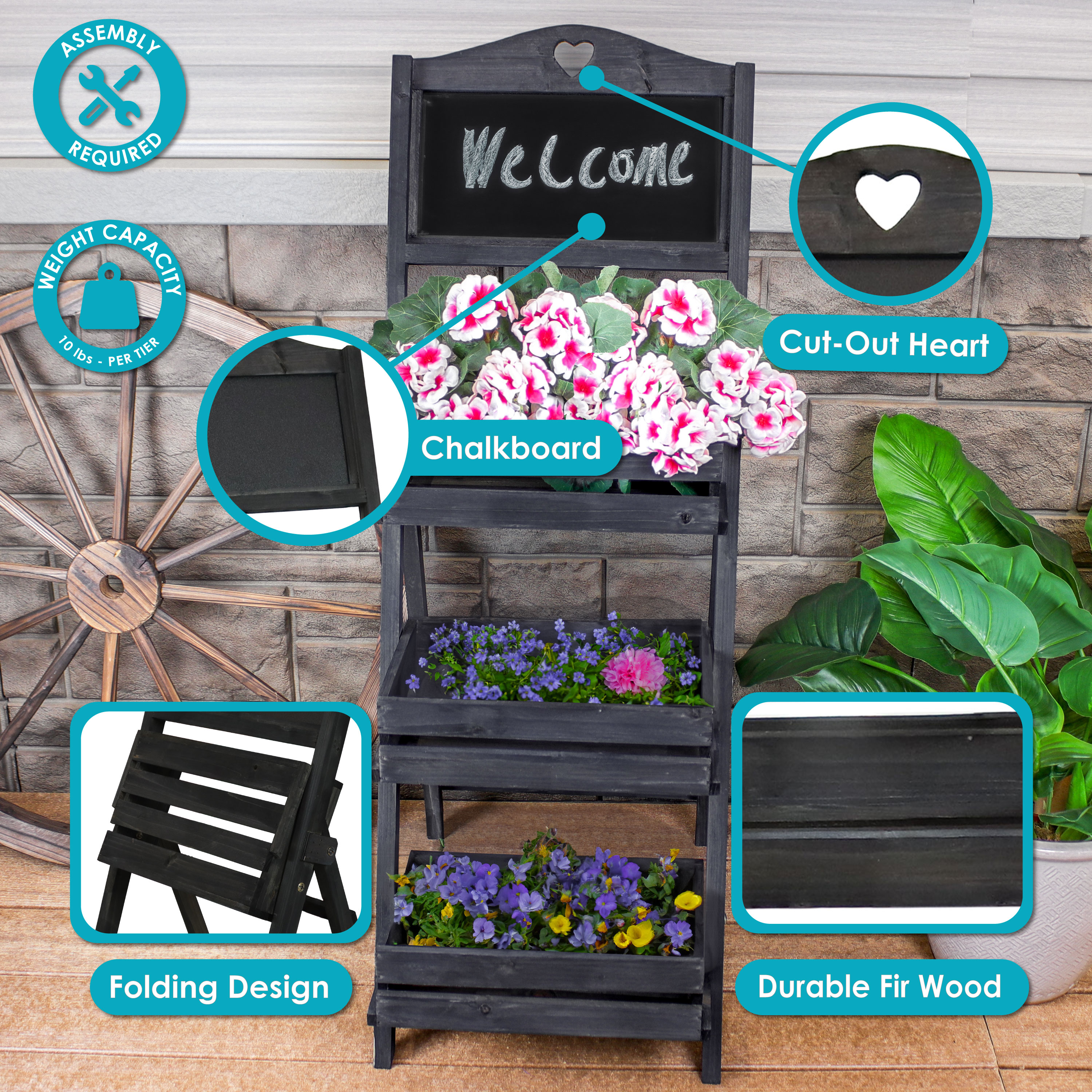 Black Fir Wood 3-Tier Ladder Plant Stand with Chalkboard