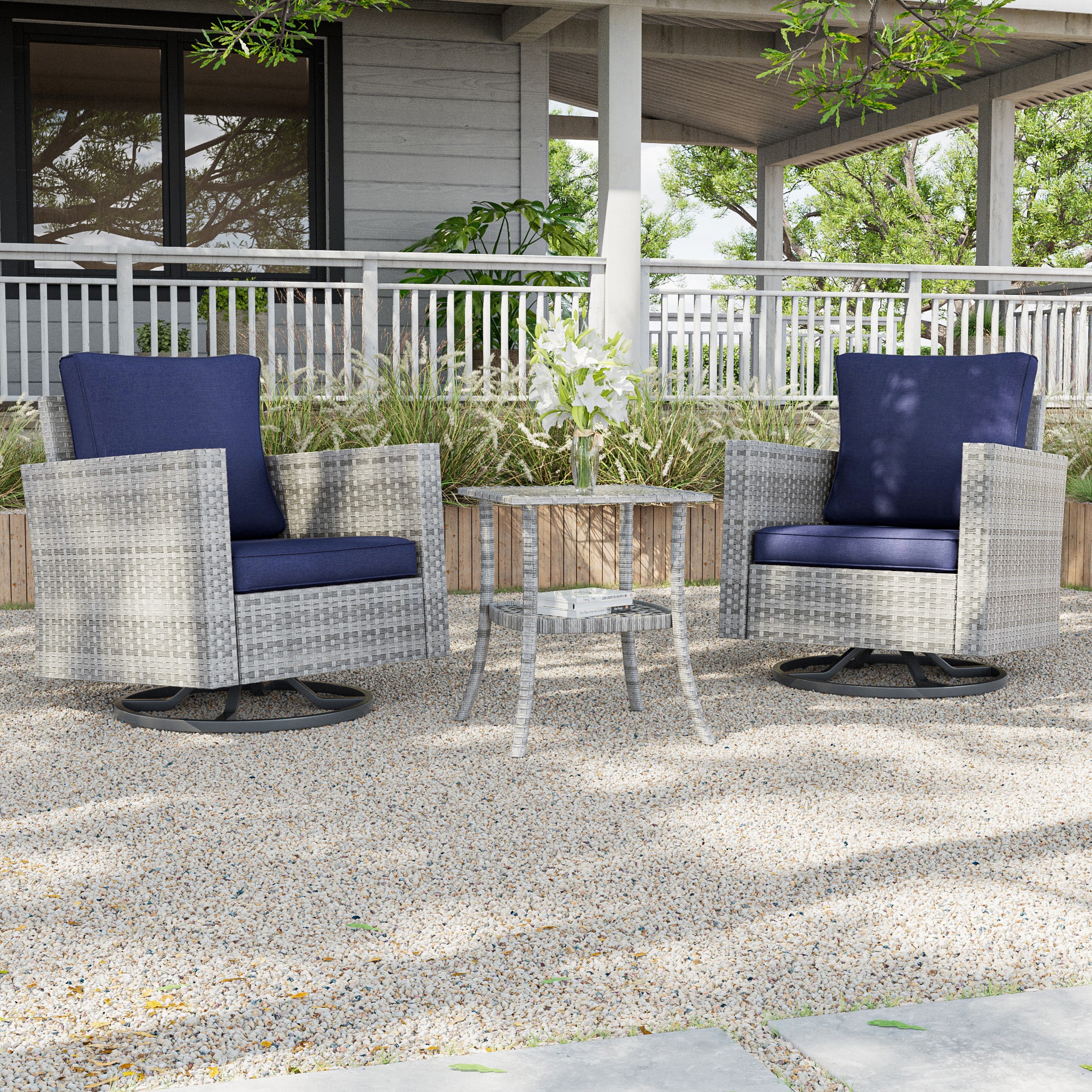Sonkuki Swivel Rocking Chair 3 -Piece Rattan Patio Conversation Set with Navy Cushions Included