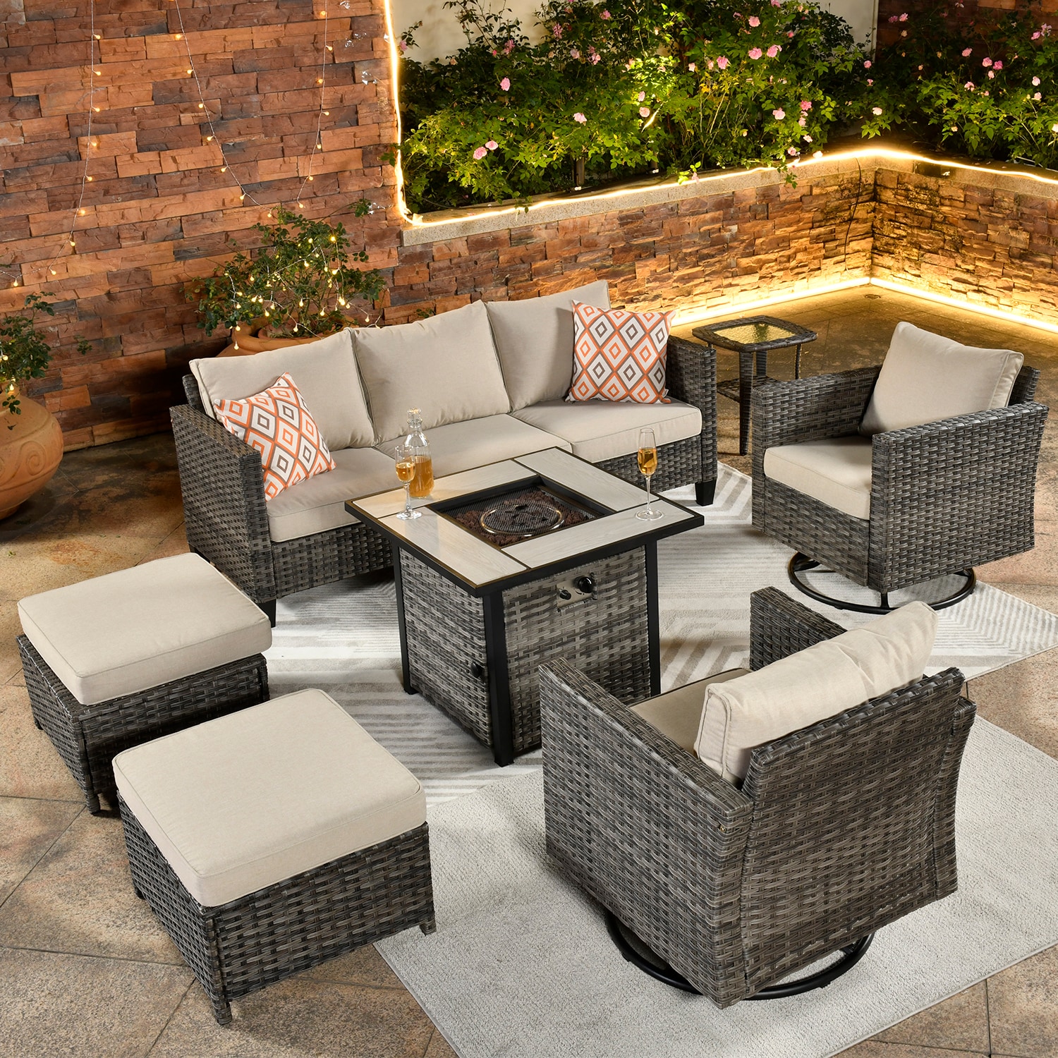 XIZZI XSQRCFP6174 Lullaby 7 -Piece Rattan Patio Sofa Conversation Set with Off-white Cushions