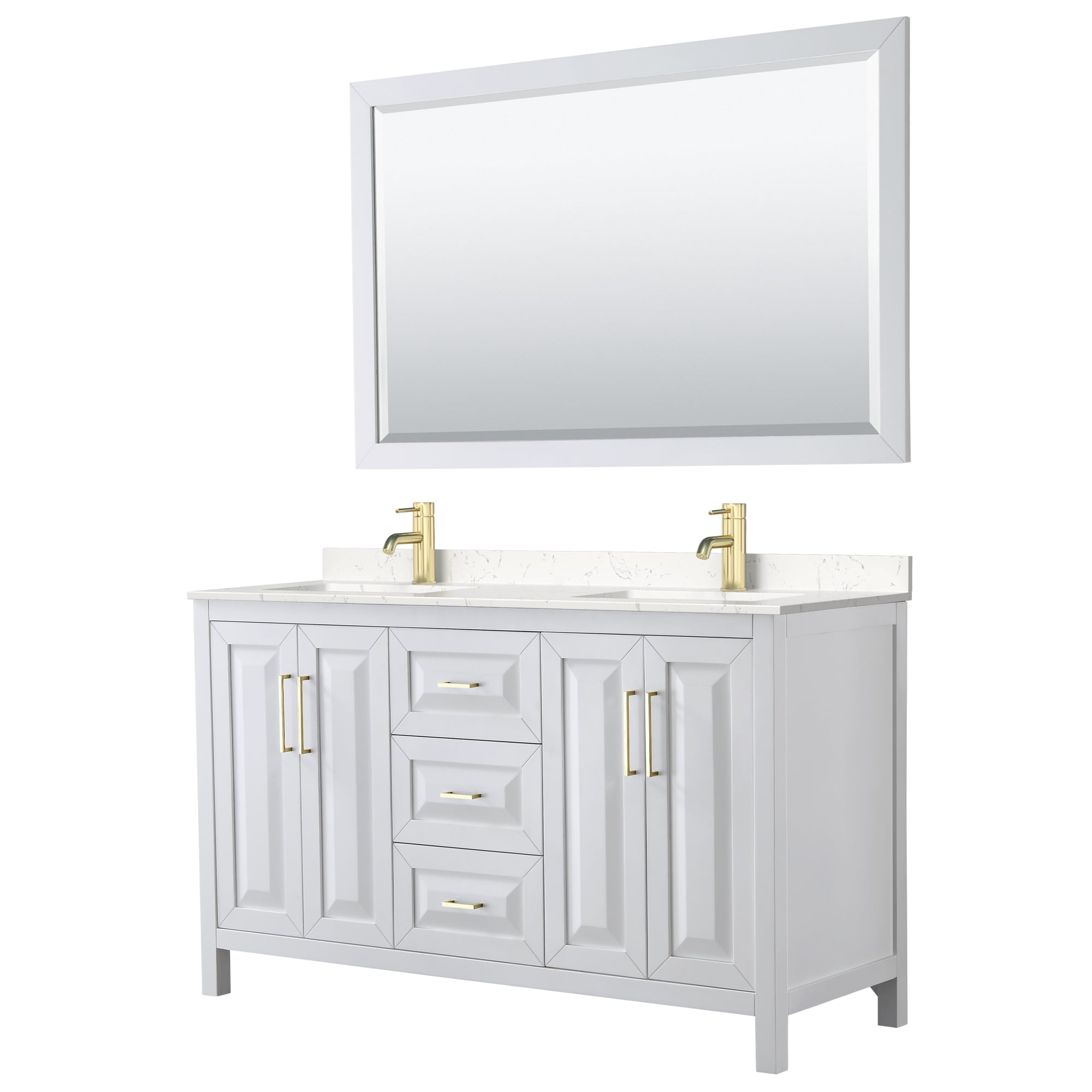 Wyndham Collection WCV252560DWGC2UNSM58 Daria 60-in White with Brushed Gold Trim Undermount Double sink Bathroom Vanity with Carrara Cultured Marble Cultured marble Top (Mirror Included)