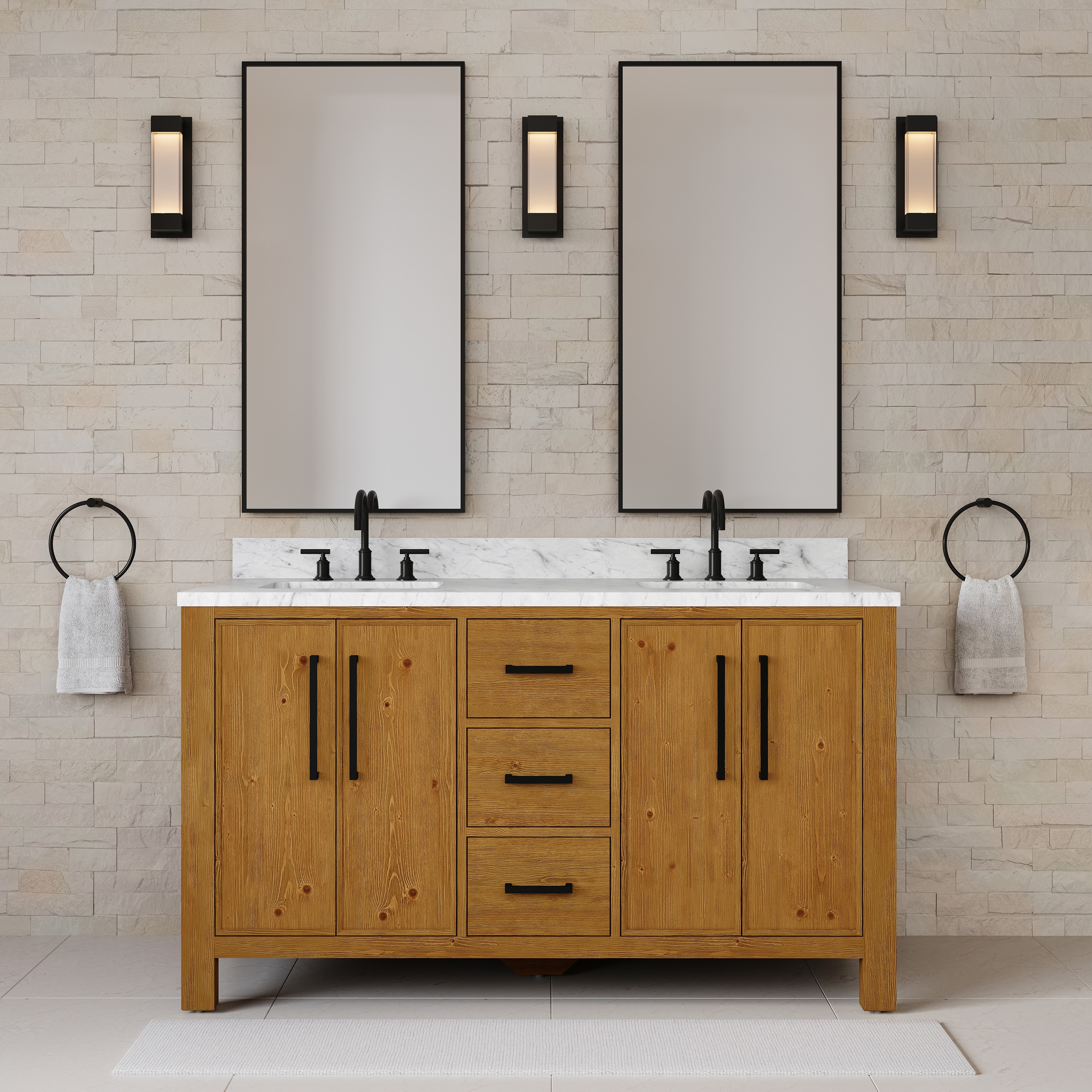 Selette DI60EM07SI-000000000 60-in Sierra Oak Undermount Double Sink Bathroom Vanity with White Engineered Stone Top